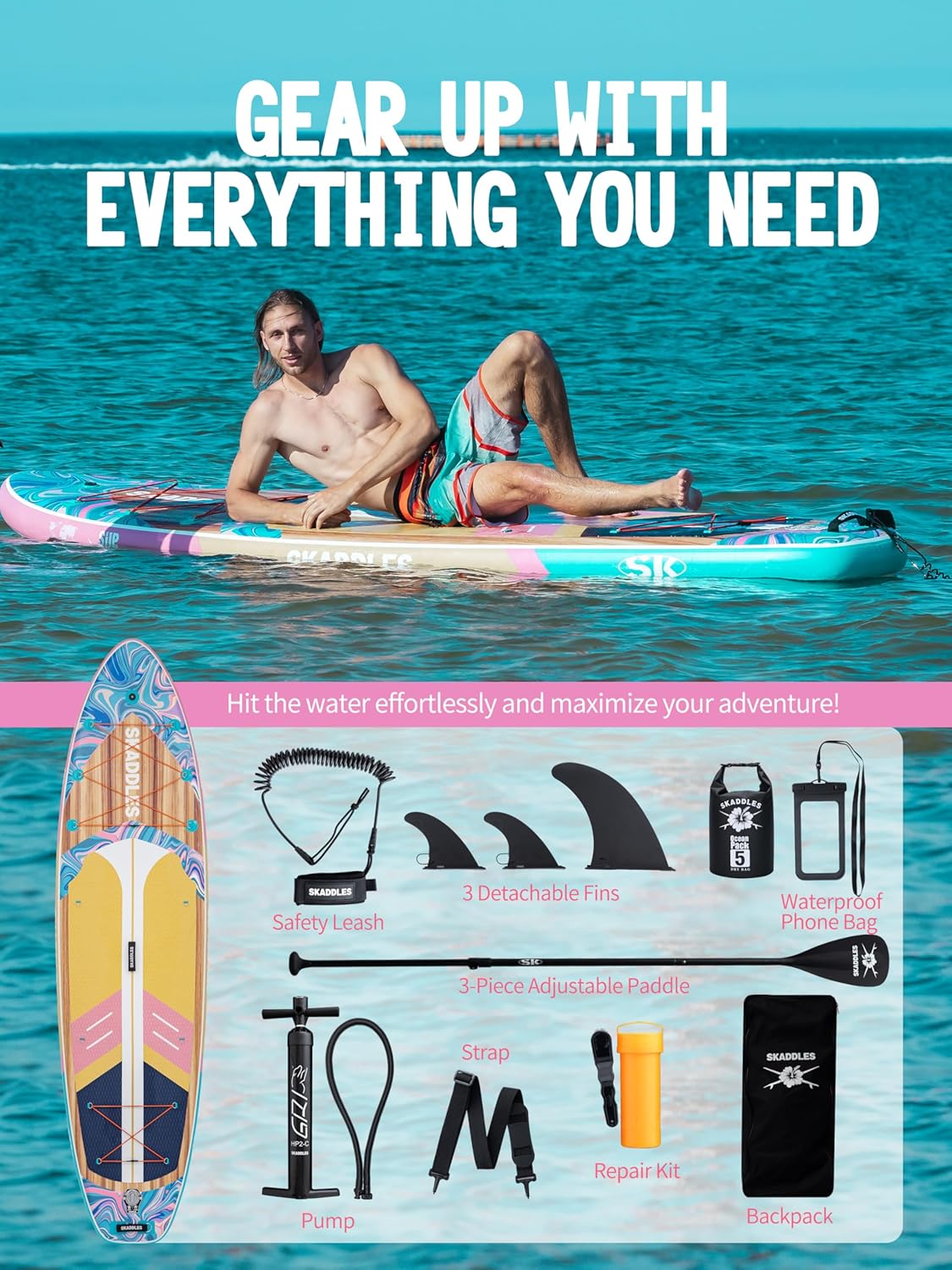 Alternative view of SKADDLES 11' Inflatable Stand Up Paddle Board u2013 Extra Wide SUP for Adults & Kids of All Skill Levels, Stable Paddleboard with Pump, Fins, Backpack, Accessories & Waterproof Phone Pouch