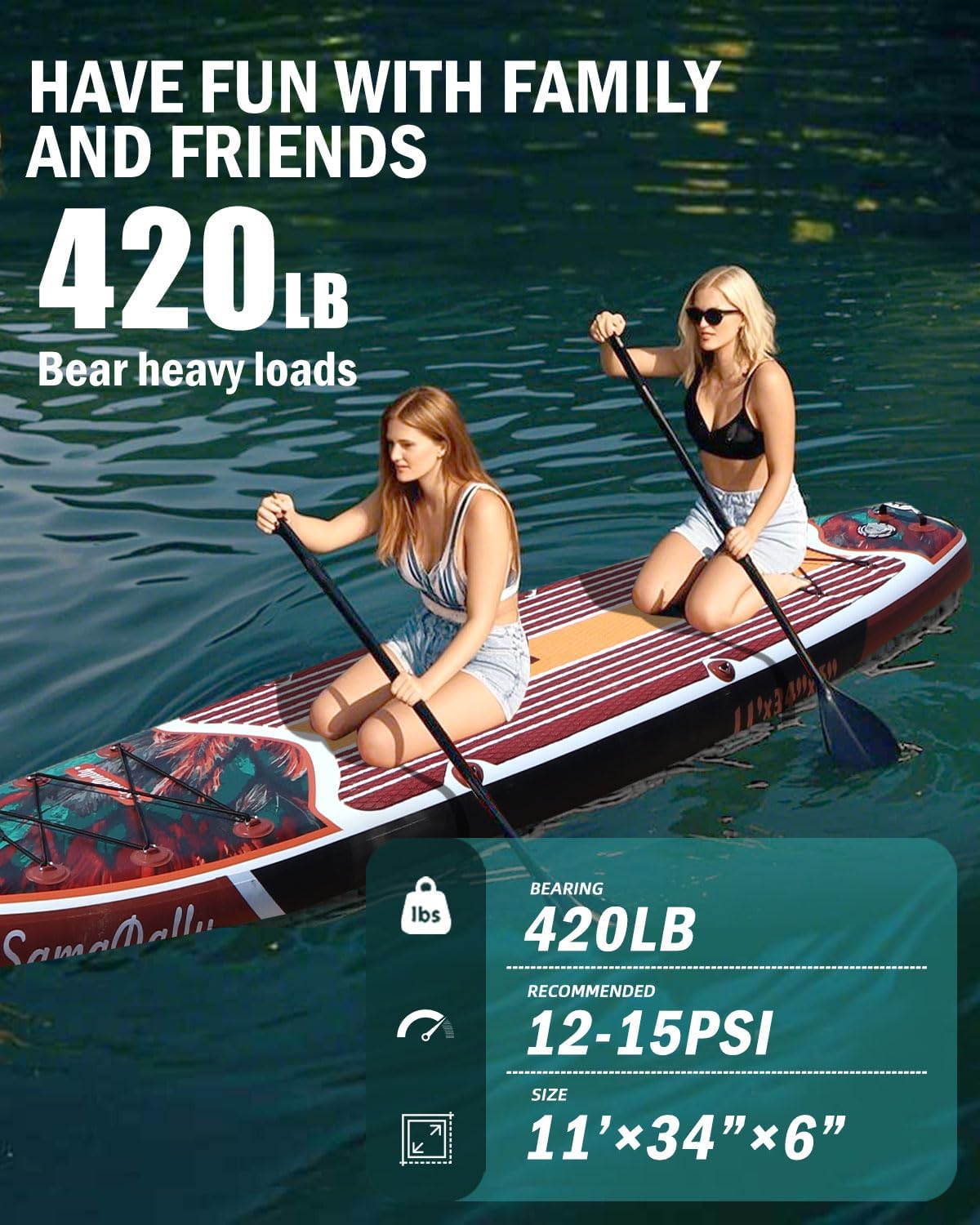Alternative view of SAMADALLY 11'x34'' Inflatable Stand Up Paddle Board, Wide & Stable Paddle Board for 2 People/Family, with a Practical SUP Board Full Set of Accessories Floating Paddle & Removable Fins