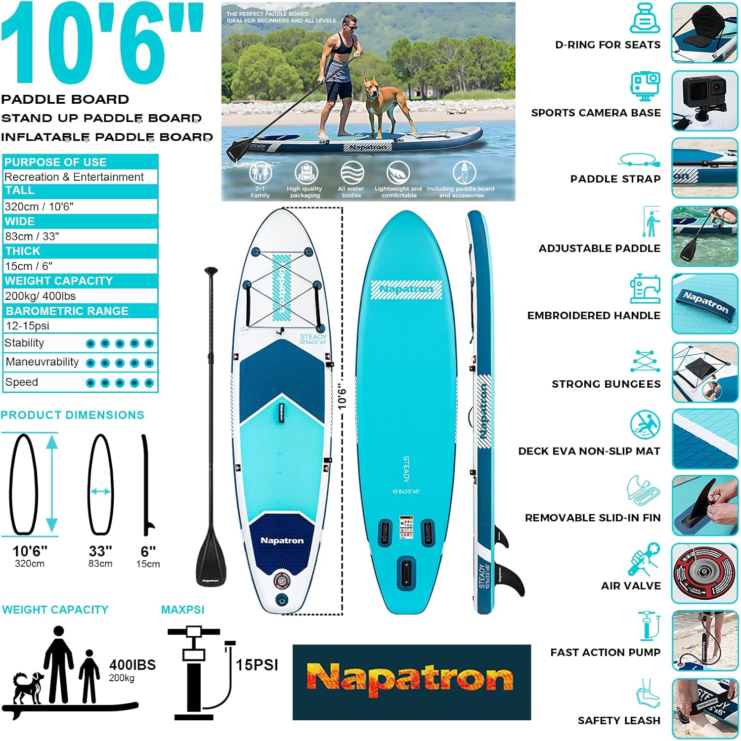 Alternative view of Napatron Inflatable Paddle Board, 10'6" Ultra Lightweight SUP with Adjustable Paddle, Anti-Slip Deck,Coiled Leash & Carry Bag,Stable All-Around Stand Up Paddle Board for Adults