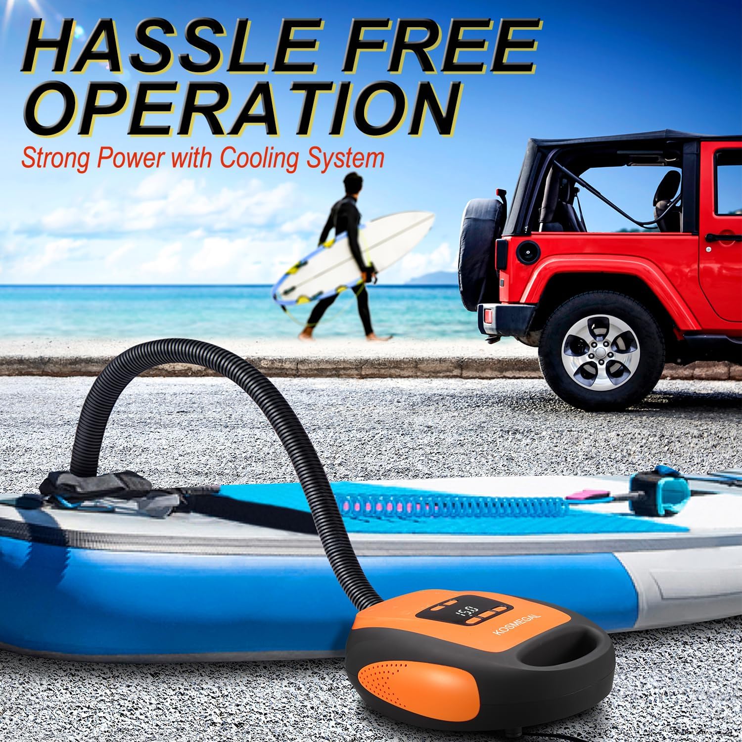 kosmegal Paddle Board Pump Electric Portable, SUP Pump for Paddleboard, 20PSI Air Compressor with Auto-Off, Deflation Function and 12V DC Car Connector for Inflatables, Kayaks and Boats