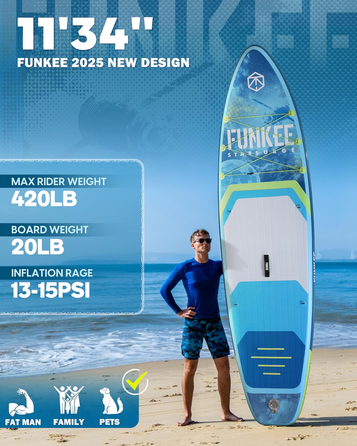 FUNKEE 11u2019×34"×6" Extra Wide Inflatable Stand Up Paddle Board, Sup Board with Removable Fins, Backpack, Floating Paddle, Safety Leash, Floating Phone Case for Adults & Youth of All Skill Levels