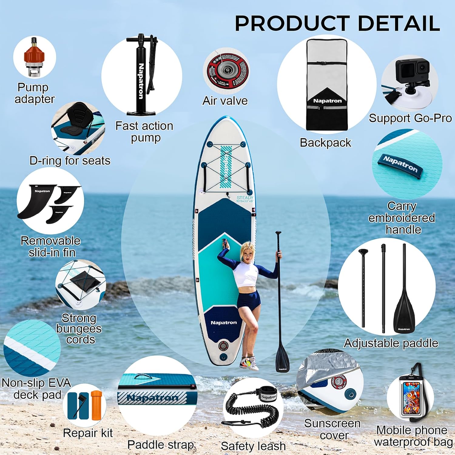 Napatron Inflatable Paddle Board, 10'6" Ultra Lightweight SUP with Adjustable Paddle, Anti-Slip Deck,Coiled Leash & Carry Bag,Stable All-Around Stand Up Paddle Board for Adults