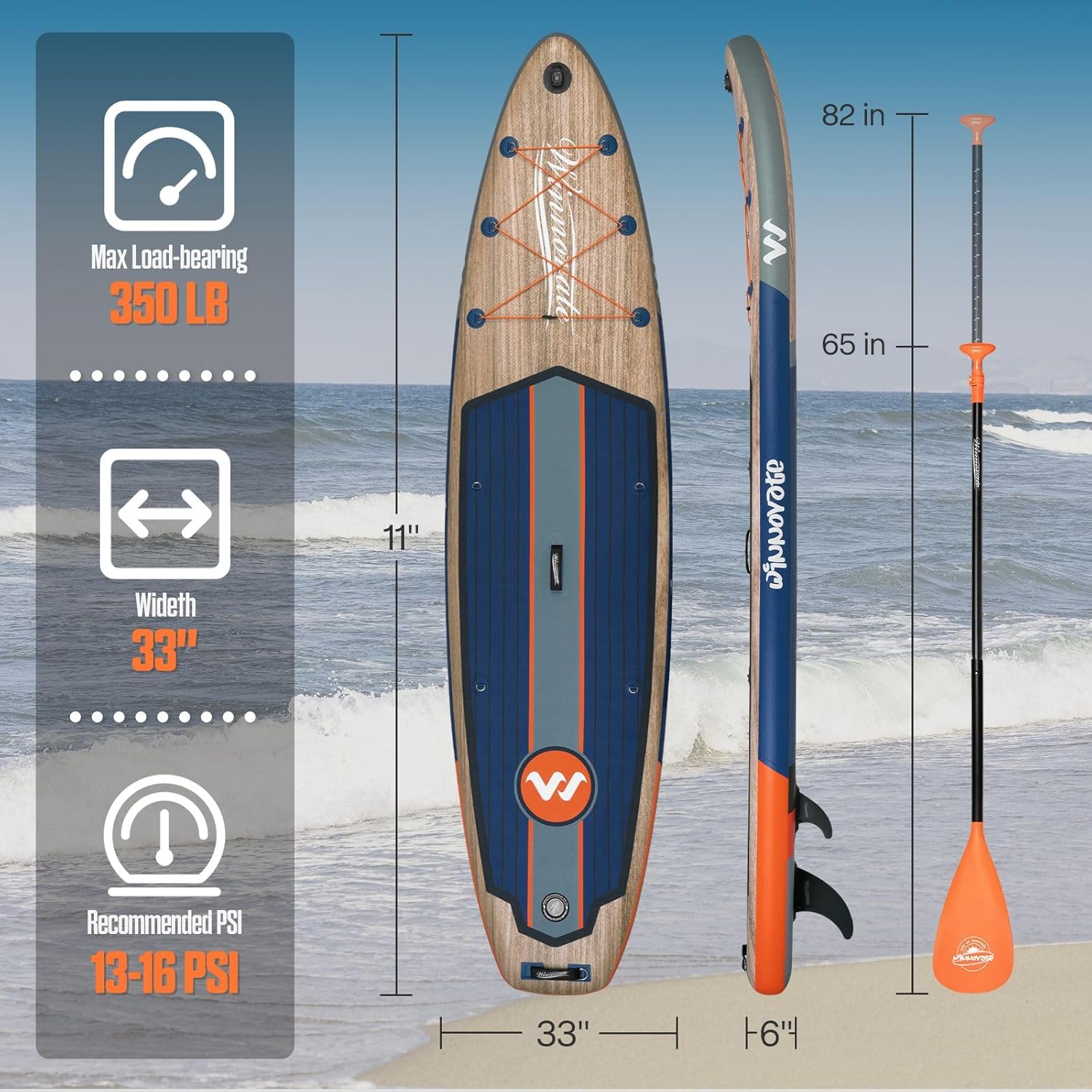WNOVA 11' Inflatable Stand Up Paddle Board, 33u201D Extra Wide All-Around SUP with Premium Accessories, Wood Grain Paddle Board for Adults & Youth, Stable Family Touring SUP