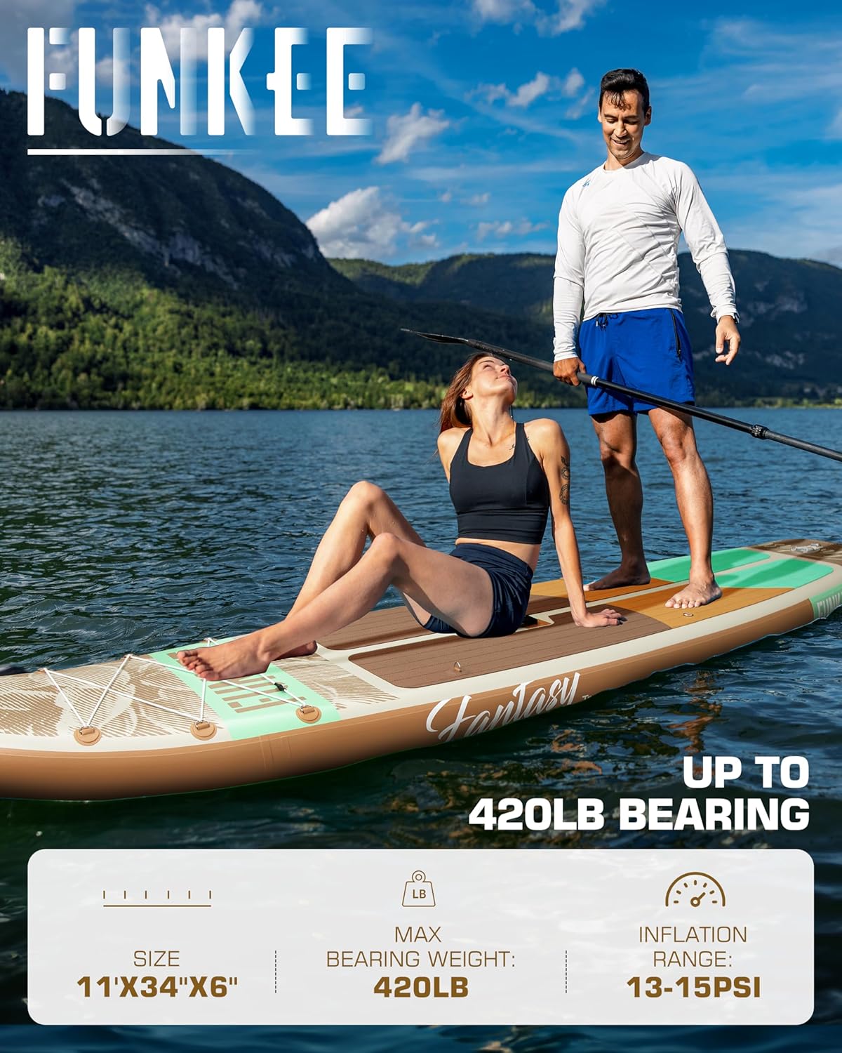 FUNKEE 11u2019×34"×6" Extra Wide Inflatable Stand Up Paddle Board, Sup Board with Removable Fins, Backpack, Floating Paddle, Safety Leash, Floating Phone Case for Adults & Youth of All Skill Levels