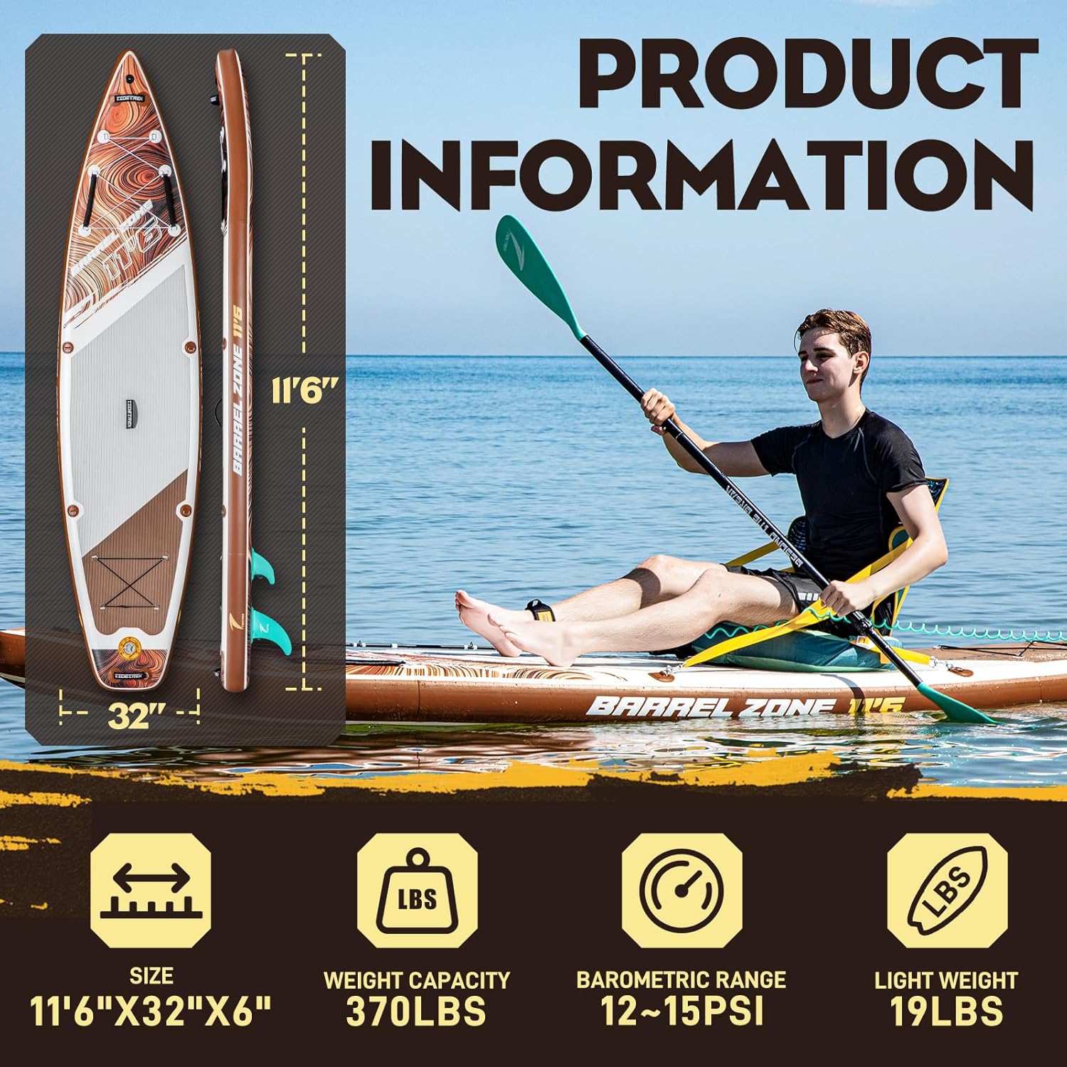 TIDETREK 11'6" Inflatable Stand Up Paddle Boards, Premium SUP Accessories, Non-Slip Comfort Deck for Youth & Adults