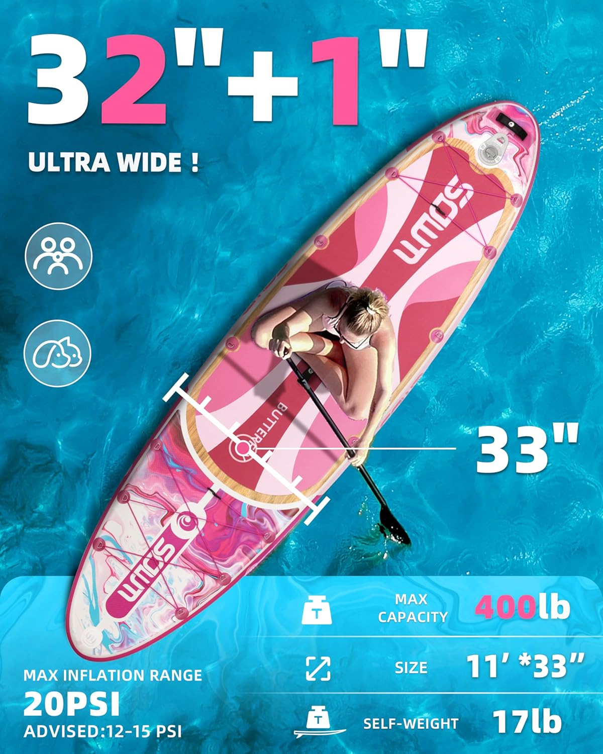SOWM 11'*33"/34" Inflatable Stand Up Paddle Board for Beginners,400/420lbs Capacity, Anti-Slip EVA Deck, Includes Adjustable Paddle, Pump, Backpack & SUP Accessories for Surfing, Fishing, Yoga & More