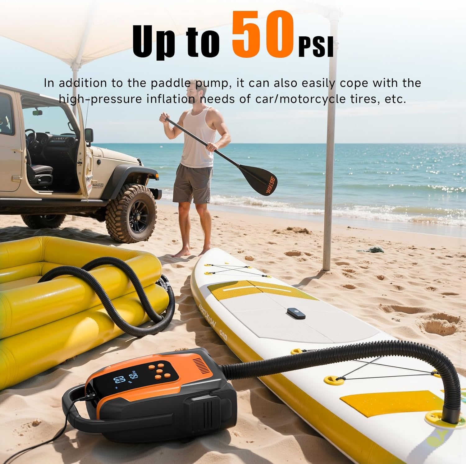 Komobe Electric Paddle Board Pump, 50PSI High Pressure Portable SUP Air Pump with Auto-Off and Deflation Function, 12V DC Car Connector for Stand Up Paddle Boards, Car Tires, Boats, Kayaks