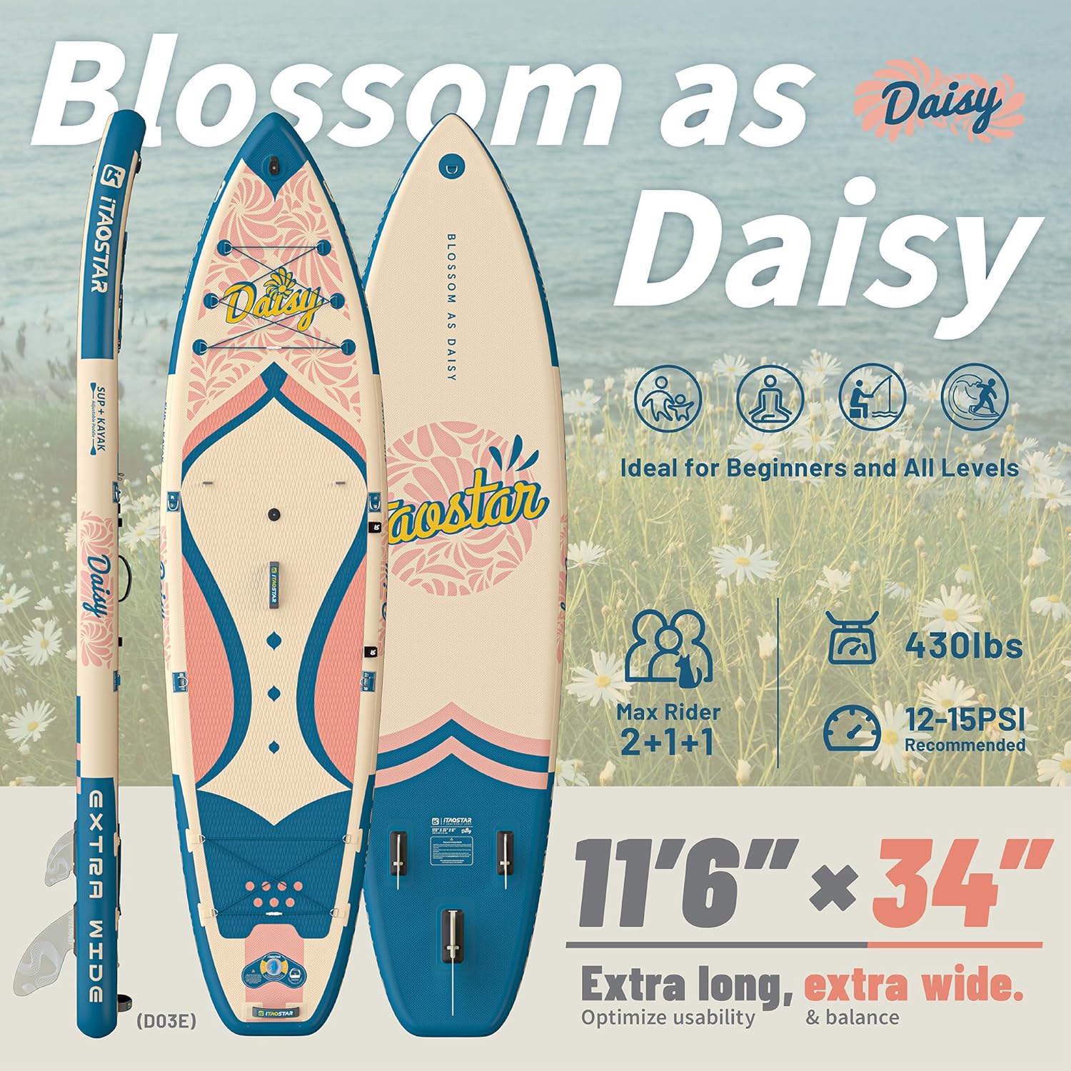 iTAOSTAR Daisy 11'6u2019 × 35u201D Extra Wide Paddle Board with Seat, One-Stop Premium SUP Board Accessories, Tailored 5 Fins, Stable Stand Up Paddle Boards for Youth of All Skill Levels