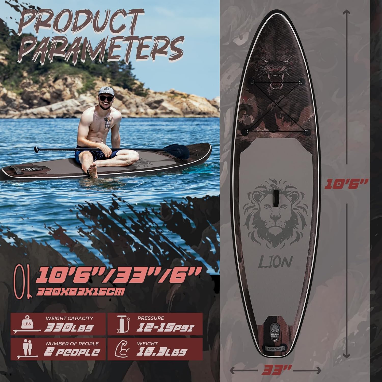 DAKUWAR Paddle Board 10'6''/10' Inflatable Stand Up Paddle Boards with SUP Accessories Ultra-Light Paddleboard Non-Slip Comfort Deck for Adults & Youth of All Skill Levels