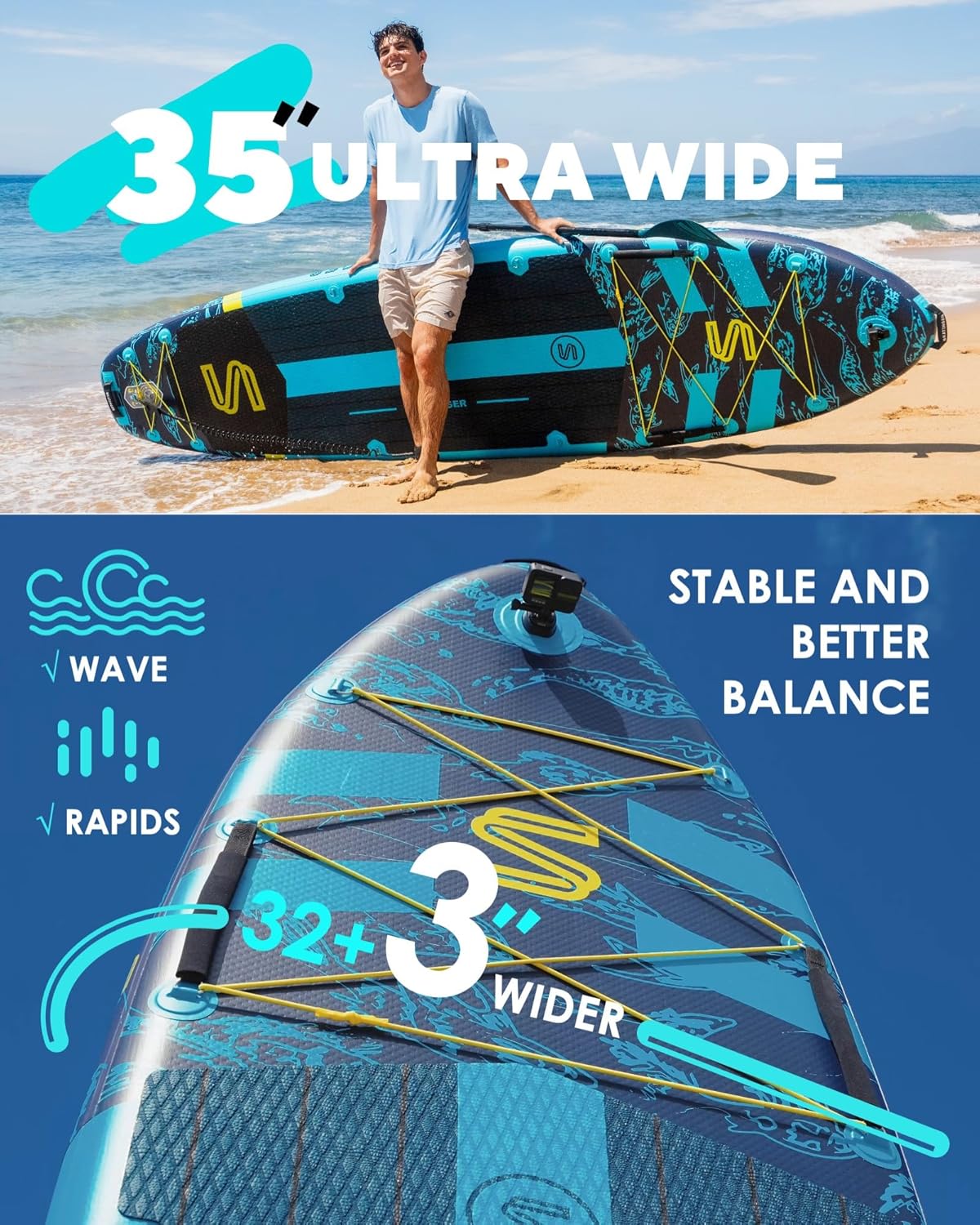 Skatinger 11'6×35" Super Wide Inflatable Paddle Board, Ultra Stable Stand Up Paddleboards for 450lb/3 People/Family/Big Size w/Shoulder Strap, 100L Backpack, All-Round Sup Board, US Fin