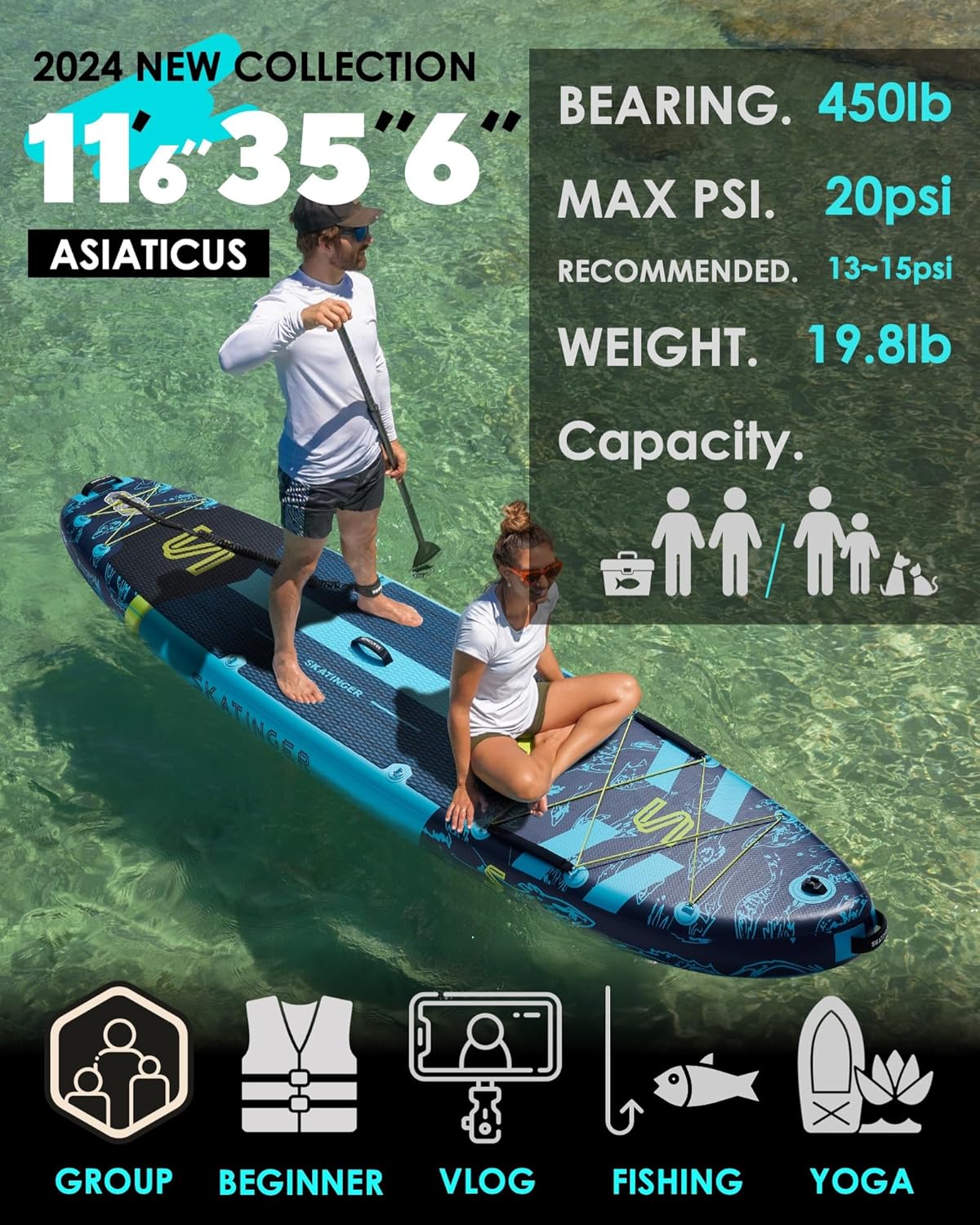 Alternative view of Skatinger 11'6×35" Super Wide Inflatable Paddle Board, Ultra Stable Stand Up Paddleboards for 450lb/3 People/Family/Big Size w/Shoulder Strap, 100L Backpack, All-Round Sup Board, US Fin
