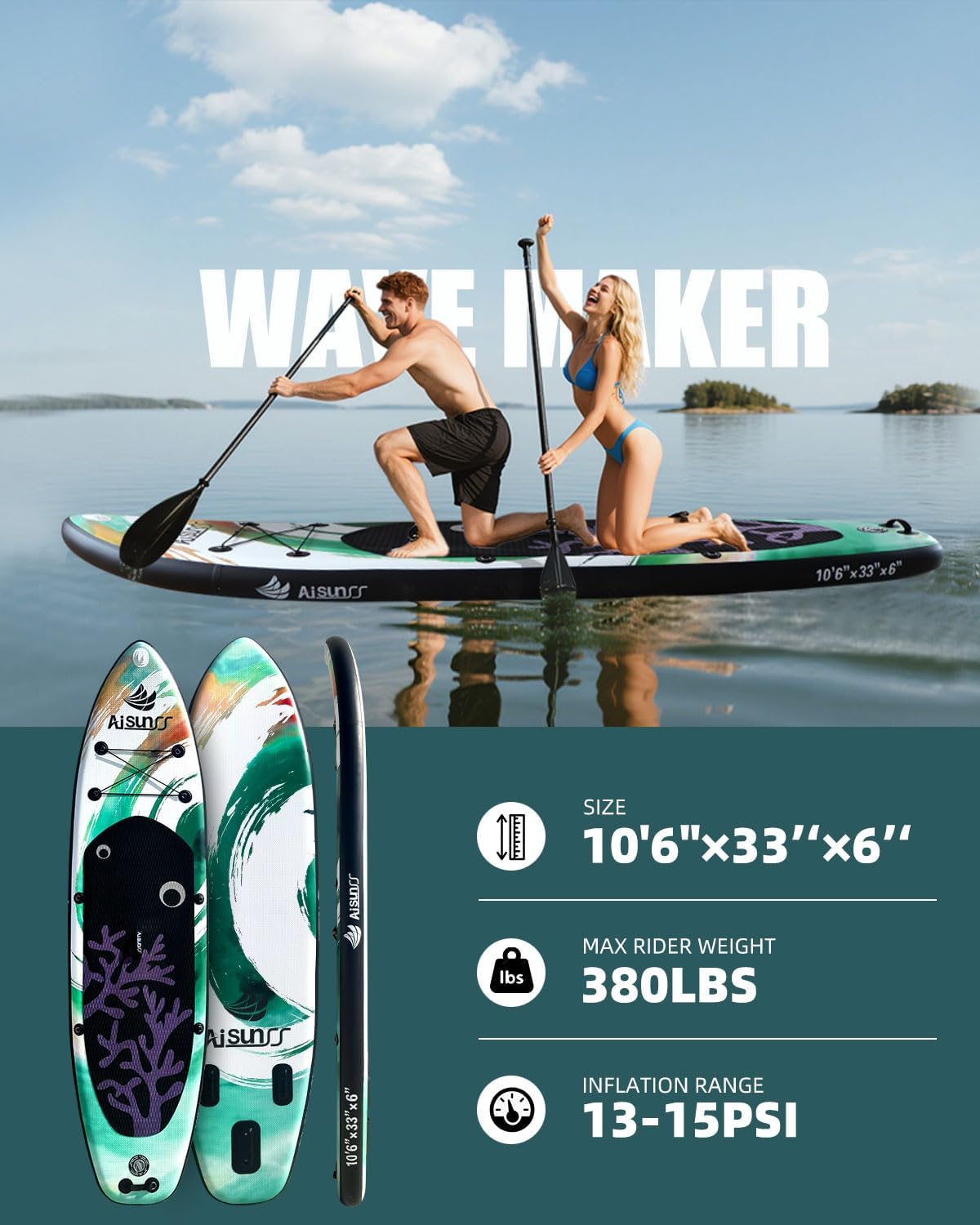 AISUNSS Inflatable Paddle Board for Adult, Paddle Board for All Skill Levels, Wide SUP Board with Primium Accessories Include SUP Carry Bag, Hand Pump, 10L Waterproof Bag and Adj Paddle