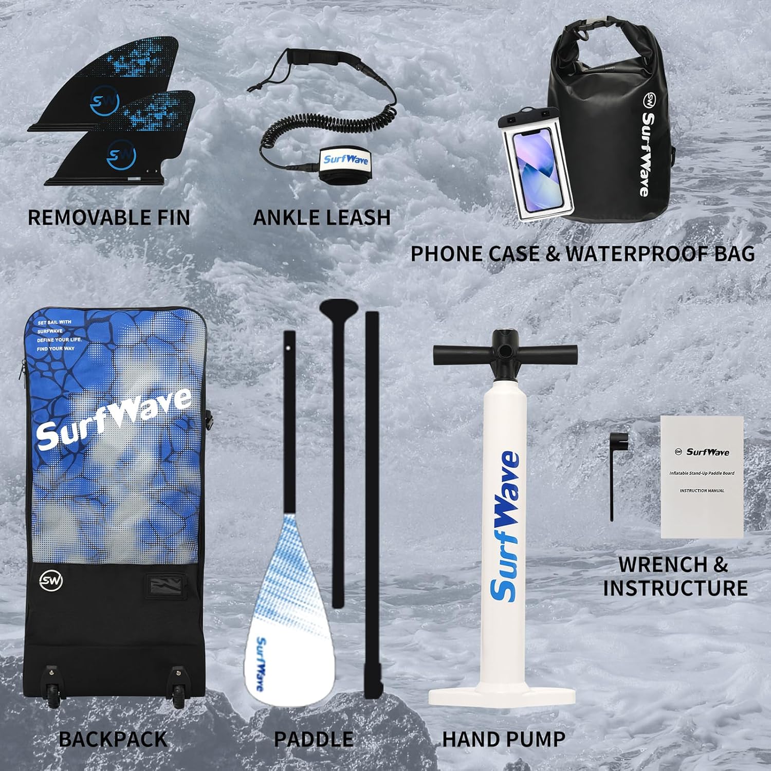 Alternative view of 11'/6"×34" Inflatable Stand Up Paddle Board for Adults & Beginner SUP, Backpack, Removable Fin, Ankle Leash, Phone Case & Waterproof Bag, Hand PUM, Wrench