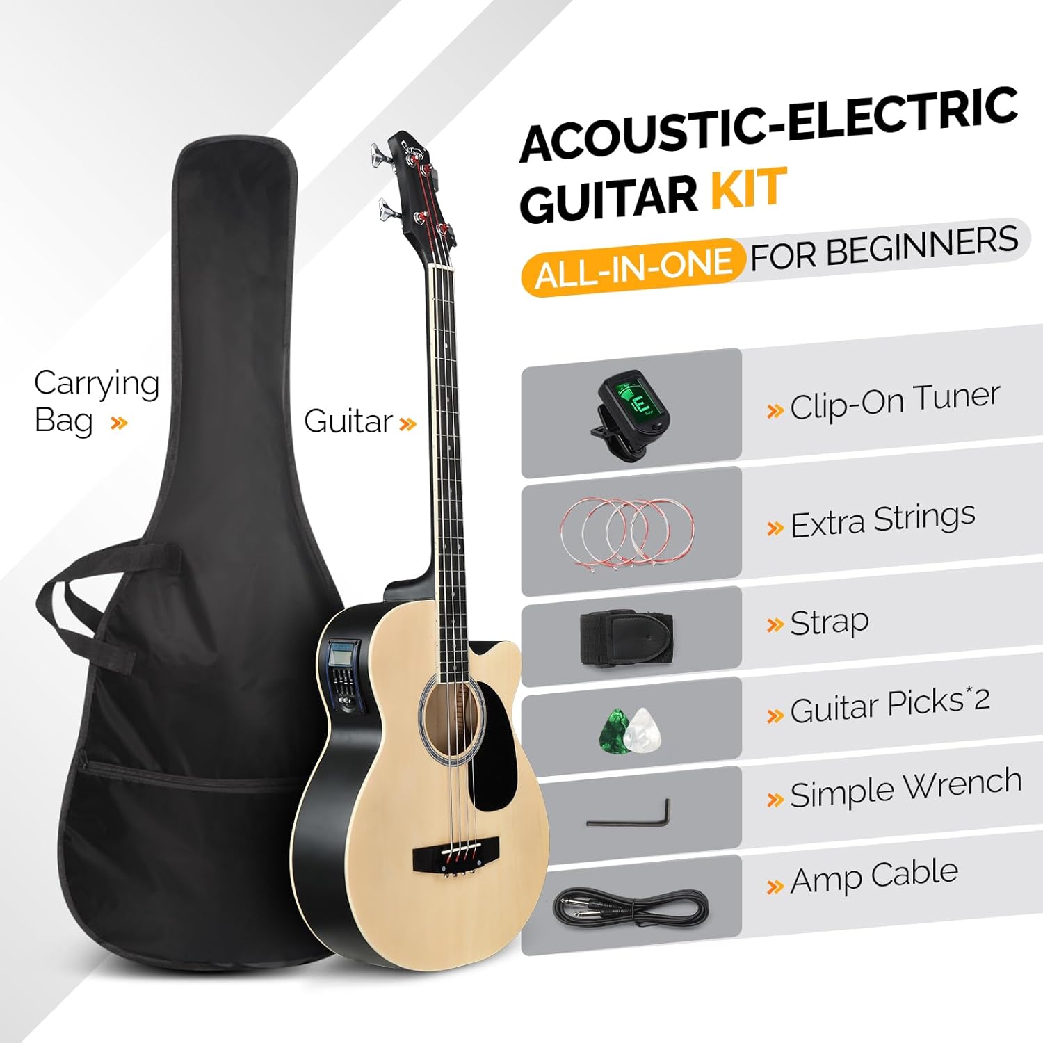 GLARRY Full Size Acoustic Electric Bass Guitar Beginner Kit, Cutaway 4 Strings Electric Acoustic Bass Guitar w/Inbuilt Tuner, Bag, Strap, Picks, Strings, Basswood Bass Guitarra, Matte Natural