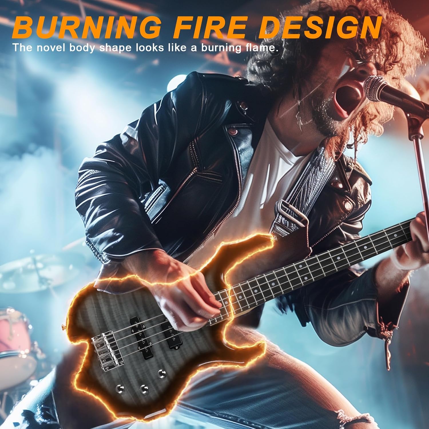 Ktaxon Electric Bass Guitar Full Size Flame Design Bass Set with 20 Watt Amplifier, Portable Bass Bag, Superior Amp Wire, Adjustable Guitar Strap, Plectrum, Wrench Tool(Tiger Stripes)