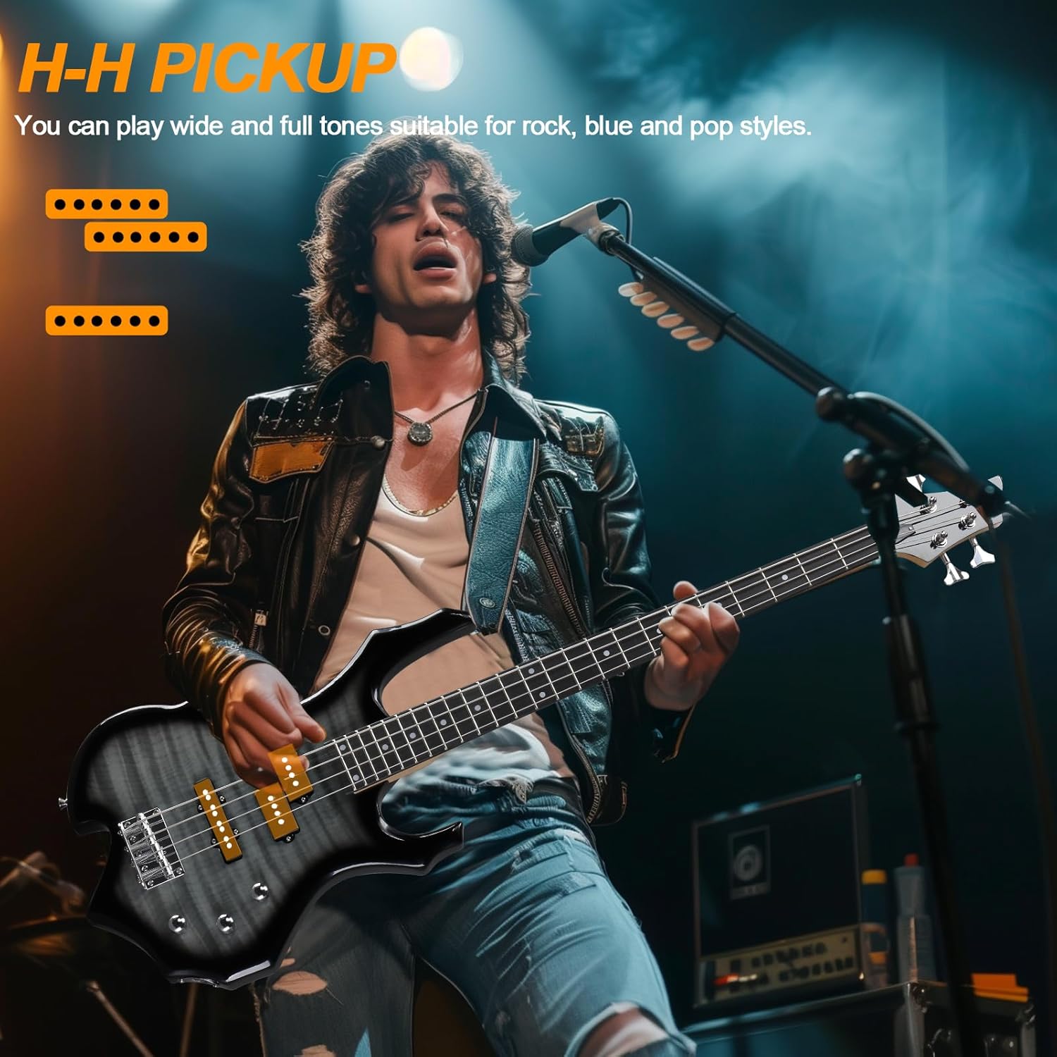 Alternative view of Ktaxon Electric Bass Guitar Full Size Flame Design Bass Set with 20 Watt Amplifier, Portable Bass Bag, Superior Amp Wire, Adjustable Guitar Strap, Plectrum, Wrench Tool(Tiger Stripes)