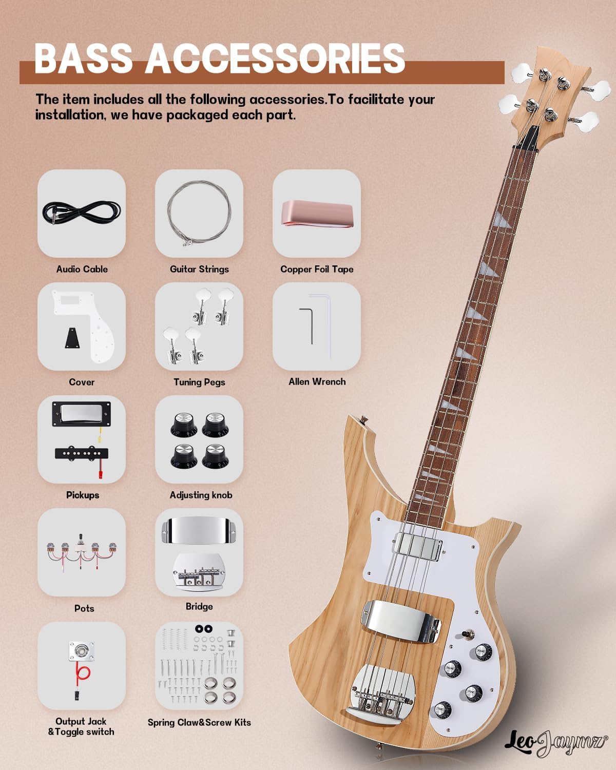 Alternative view of Leo Jaymz DIY Electric Bass Guitar Kit Mahogany Body Maple Neck (RB)