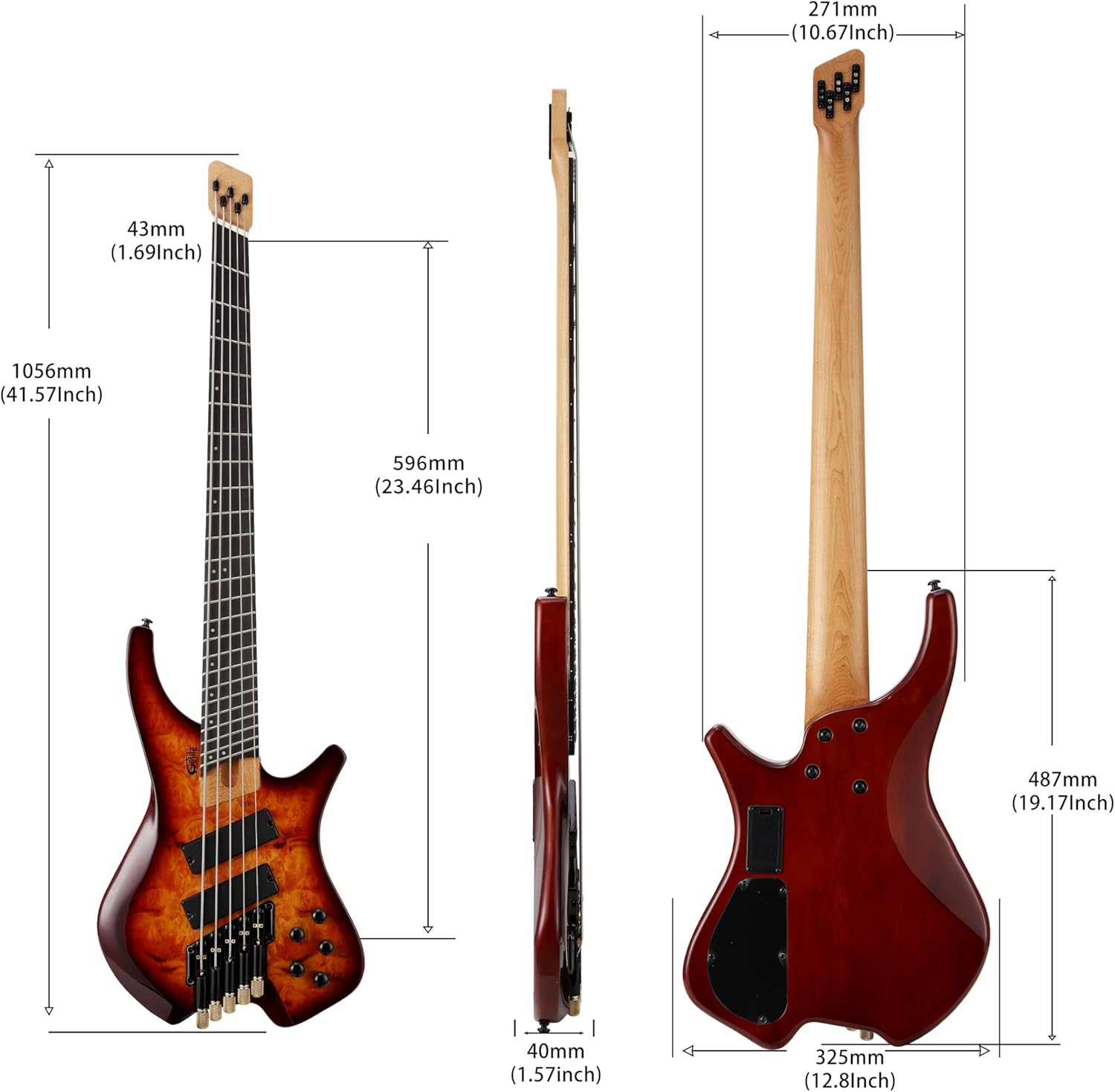 Gosila 5 String Headless Electric Bass Guitar poplar body Carbon Fibre Maple neck fanned fret