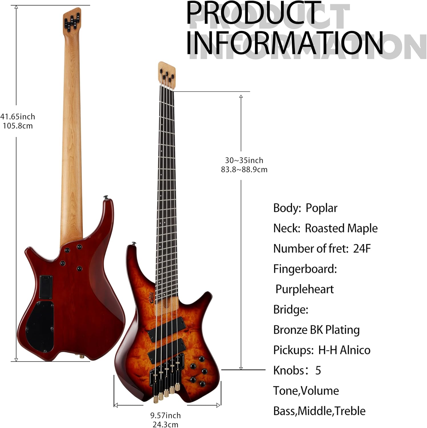 Alternative view of Gosila 5 String Headless Electric Bass Guitar poplar body Carbon Fibre Maple neck fanned fret