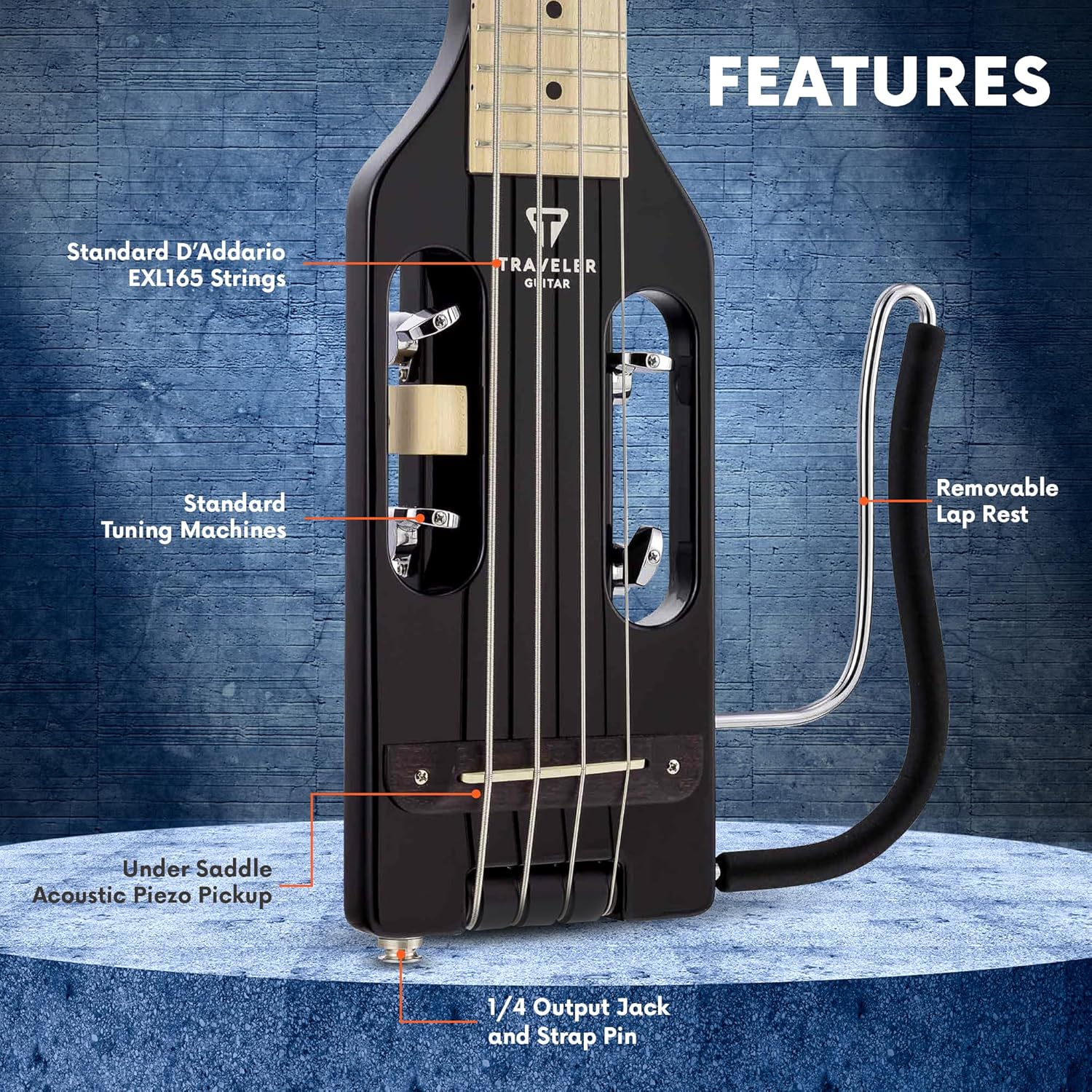 Traveler Guitar Ultra-Light Gloss Black Bass Guitar | Small Bass Travel Guitar with Removable Lap Rest | 30" Scale Portable Headless Guitar | Mini Guitar with Custom Gig Bag