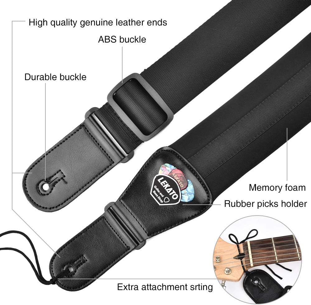 LEKATO Bass Guitar Straps for Electric Guitar & Bass 3" Wide Padded Straps Adjustable Length from 45" to 55" Bass Guitar Strap with Pick Holder 2 Safety Strap Locks & 6 Picks