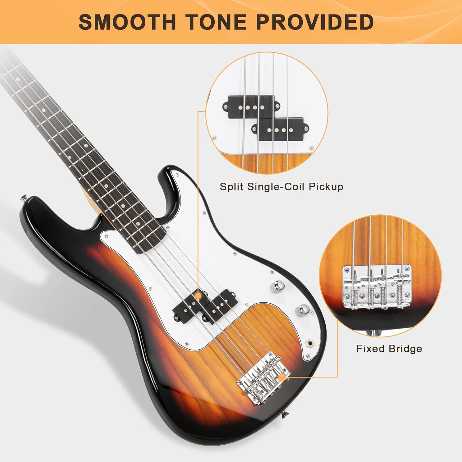 Alternative view of GLARRY Full Size Electric Bass Guitar Beginner Kit 4 String Exquisite Basswood Bass with 20W AMP, Cable, Strap, Bag and Accessories (Sunset, 39"Right Handed)