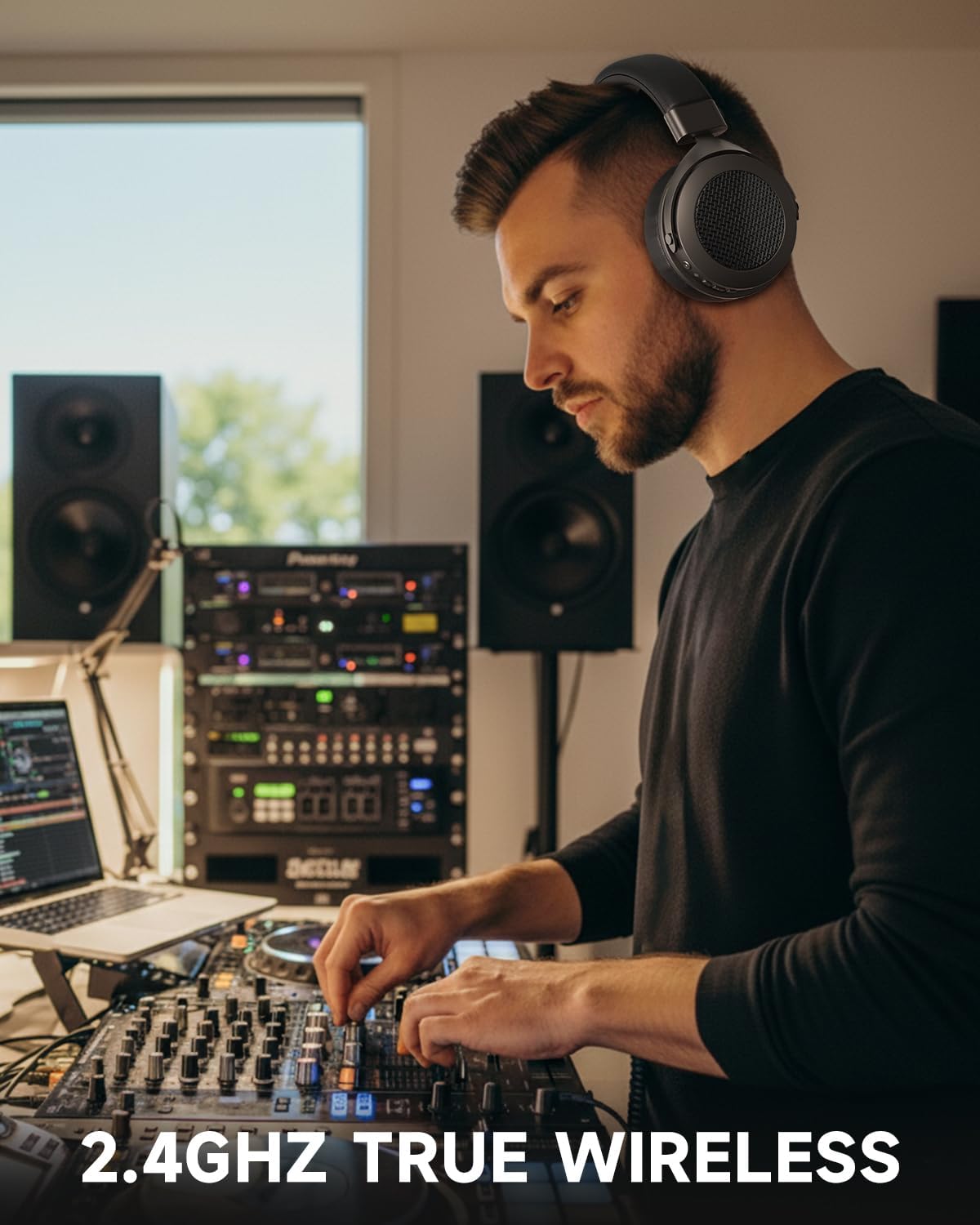 Rumoon 2.4GHz Wireless Headphones for Bass Guitar, 20ms Low Latency, Wireless Over Ear Headphones with 6.35mm & 3.5mm Jack for Studio Monitor & Mixing DJ AMP Keyboard, Pure Black