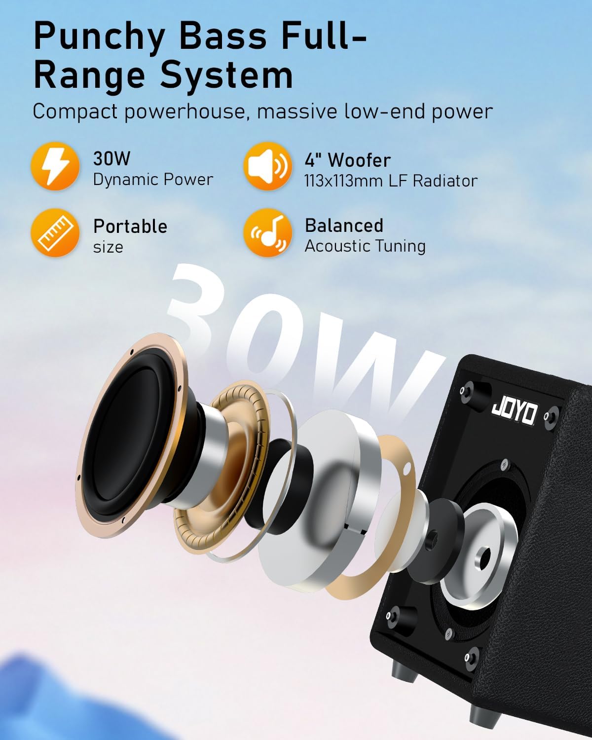 JOYO 30W Bass Amp Portable Combo Amplifier 4" Speaker with Bluetooth 5.1 + OTG Direct Recording | 3-Band EQ + Compressor | Headphone Practice for Bassist Livestream Solo Gigs (Vibe Cube BA-30, Black)