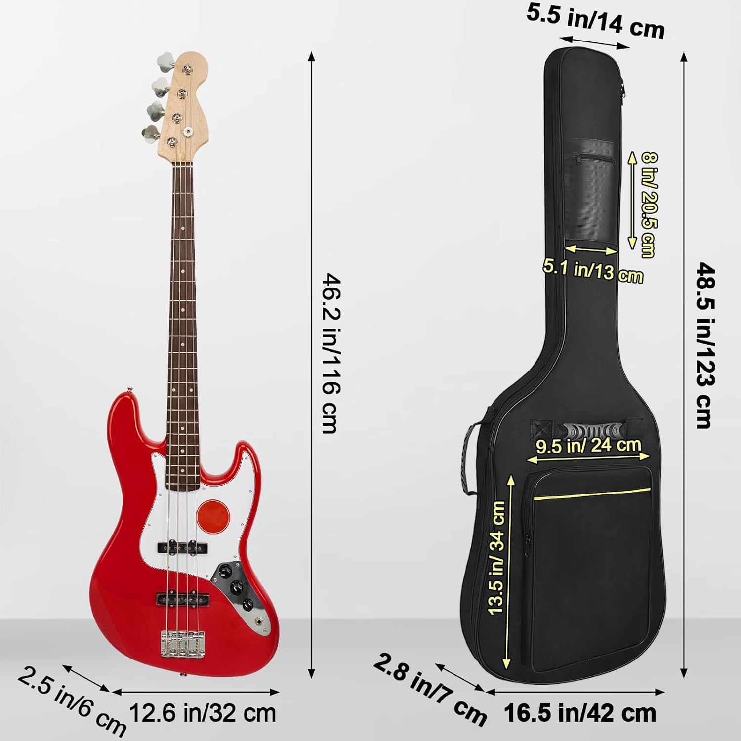 Muscab Bass Guitar Case 7mm Padding Waterproof Bass Guitar Gig Bag, Electric Bass Guitar Bag Backpack with Neck Strap and Pockets, Black