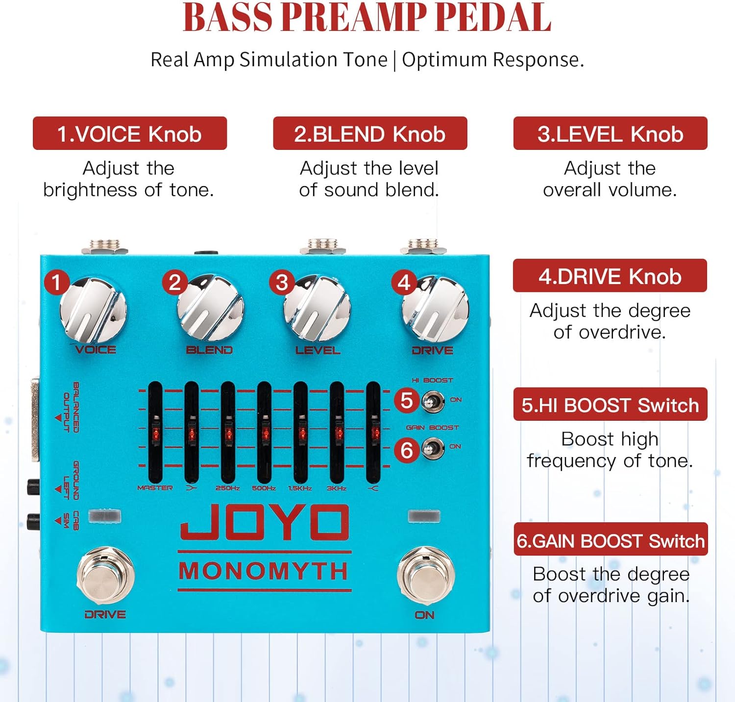 JOYO Bass Guitar Pedals Overdrive Amp Simulator Effect Pedal with 6 Band Graphic EQ and Noise Reduction Switch for Bassist Electric Guitar Bass (MONOMYTH R-26)