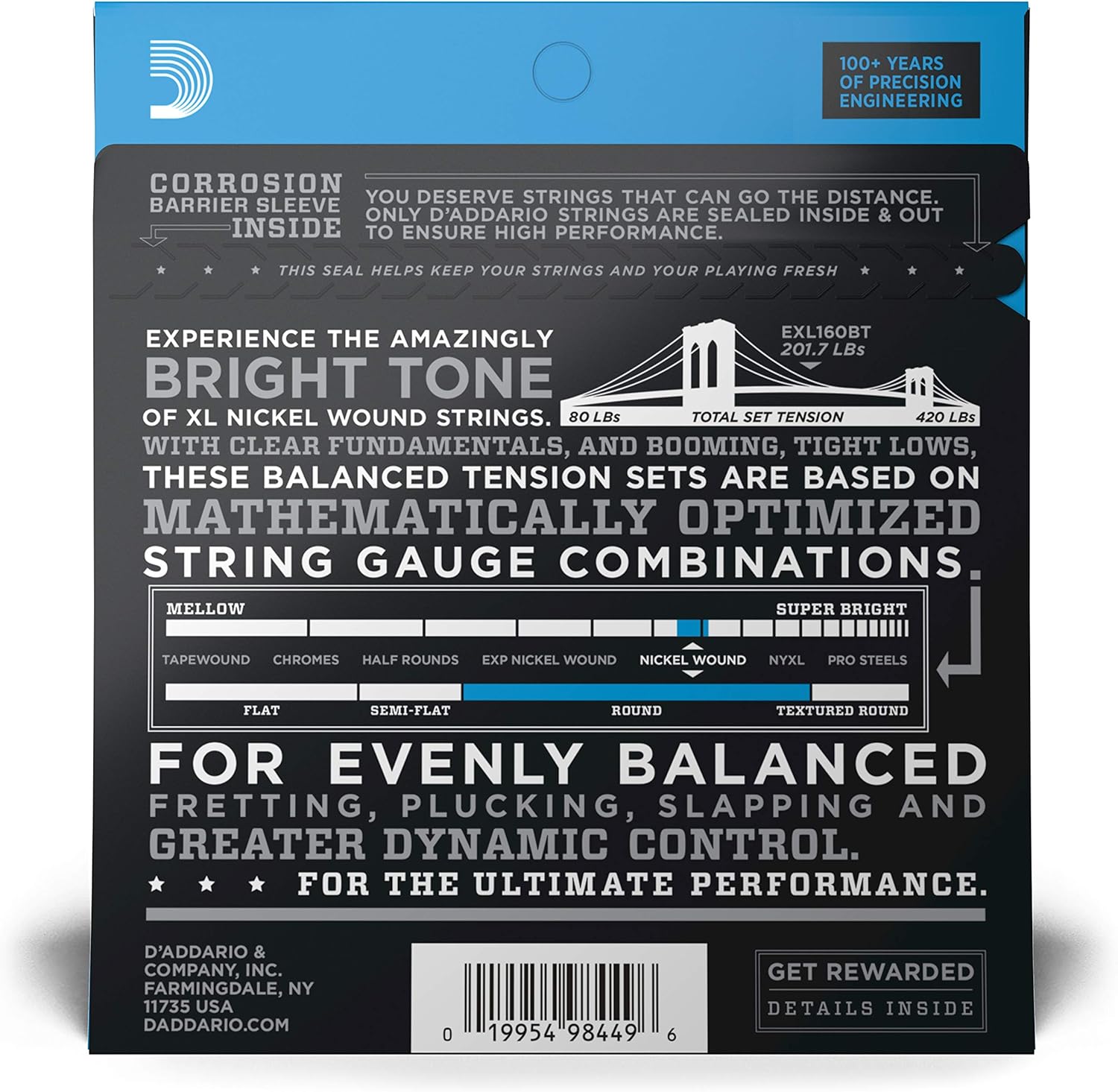 D'Addario Electric Bass Guitar Strings - EXL160BT 50-120 - Nickel Wound Bass Strings - For Bass Guitar 4 String - Balanced Tension Medium
