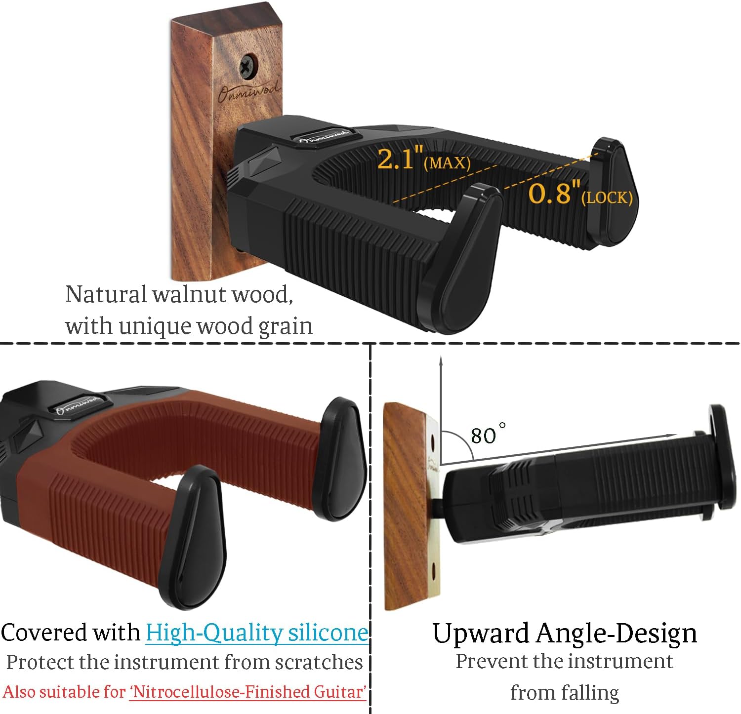 Alternative view of Onmiwod Guitar Wall Mount, Auto Lock Black Walnut Wood Guitar Hanger, Guitar Wall Hangers, Guitar Holder Hook Wall Stand for Classical, Acoustic, Electric Guitar, Bass, Gift for Guitar Player