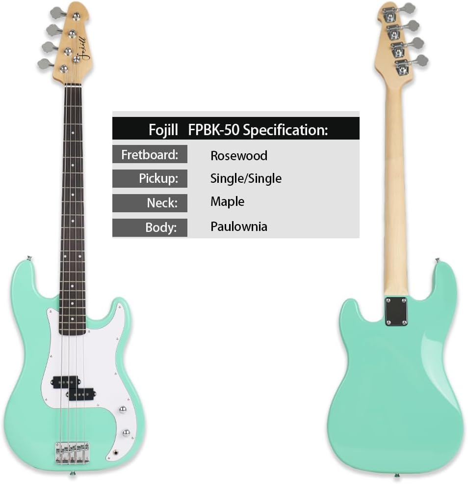 Fojill Full Size 4 Four String Electric Bass Guitar 20W Amplifier Amp Right Hand Beginner Starter Kit Set Combo Bundle Accessory Gig Bag,Strap,Picks,Capo,Noiselss Cable,Strings (Green)