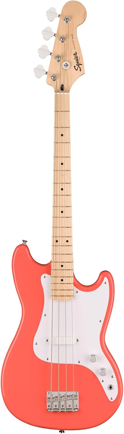 Fender Squier Sonic Bronco Bass - Tahitian Coral Bundle with Rumble 15 Amplifier, Instrument Cable, Tuner, Strap, and Austin Bazaar Instructional DVD