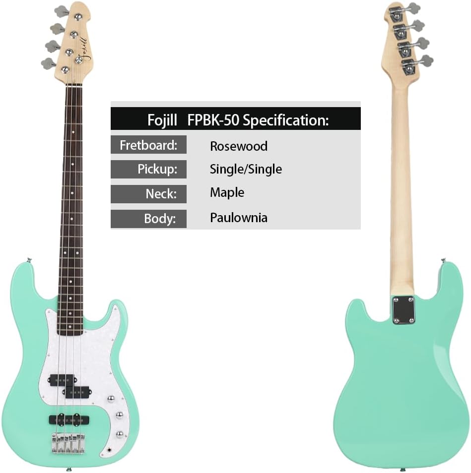Fojill Full Size Four String Electric Bass Guitar With 10 Watt Amplifier 4 String Right Handed Beginner Kit Set With 600D Gig Bag,Picks,Noiselss Cable,Extra Strings(GGR)
