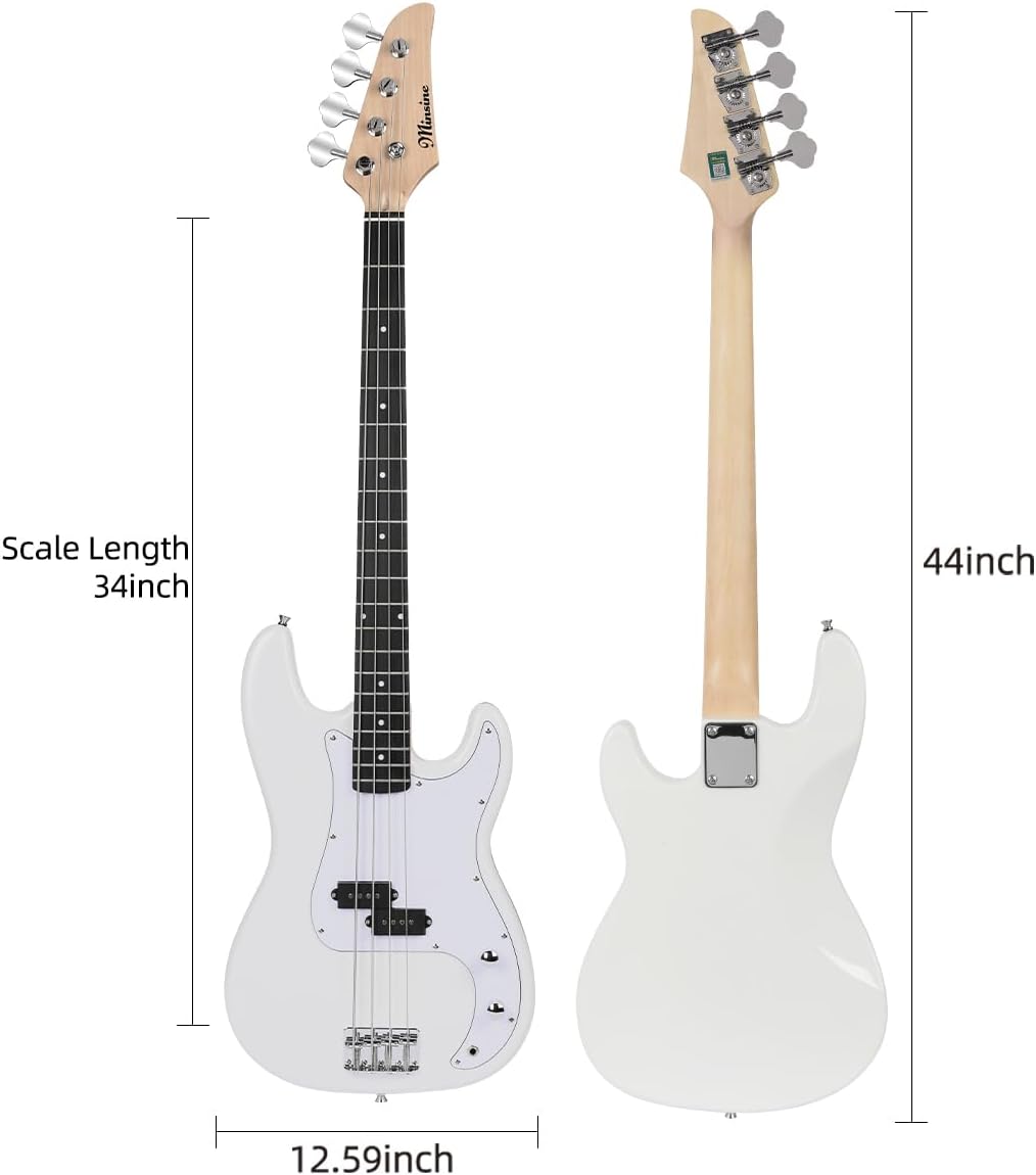 Electric Bass Guitar 4 Strings Full-Size Standard Bass PB-Style Beginner Kit Black for Starter with Gig Bag Guitar Strap and Guitar Cable, MS-FD (white)