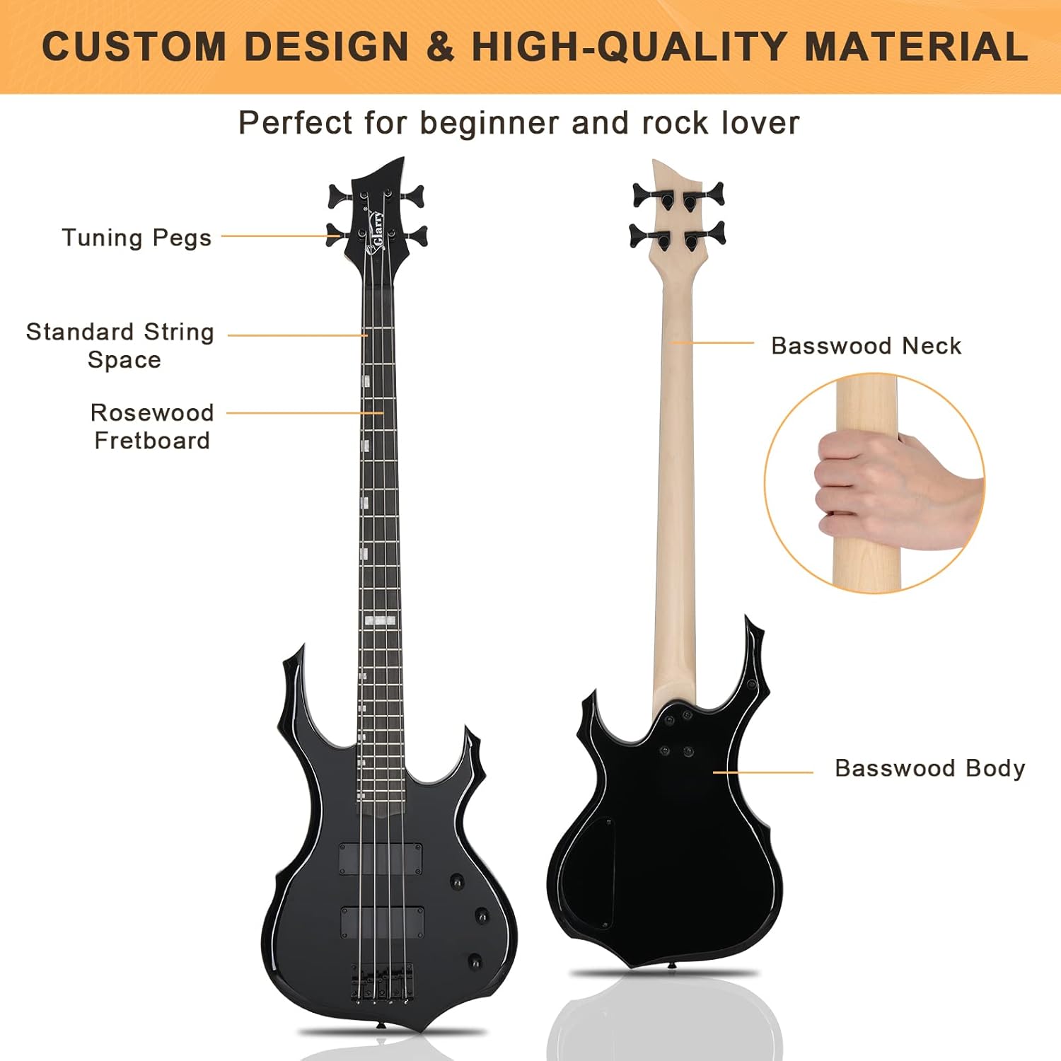 GLARRY Electric Bass Guitar 4 Strings Buring Fire Style HH Pickups for Beginner Adults Right Hand Amp Cable, Bag, Strap and Cord (Black)