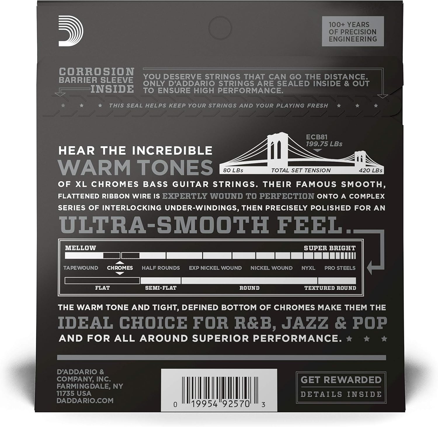 D'Addario XL Chromes Flat Wound Bass Guitar Strings - ECB81 - Long Scale - Regular Light, 45-100