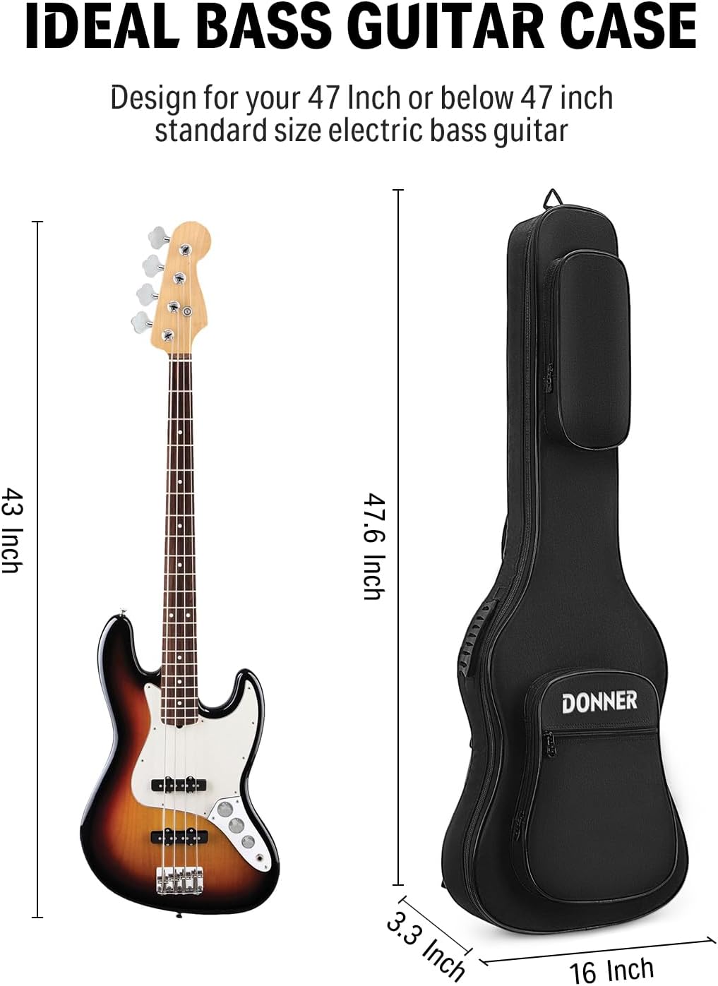 Donner 47 Inch Electric Bass Guitar Case, 0.4 Inch Thick Padding Sponge 600D Ripstop Waterproof Nylon Soft Electric Bass Guitar Gig Bag with 3 Pockets and Back Hanger Loop, Black