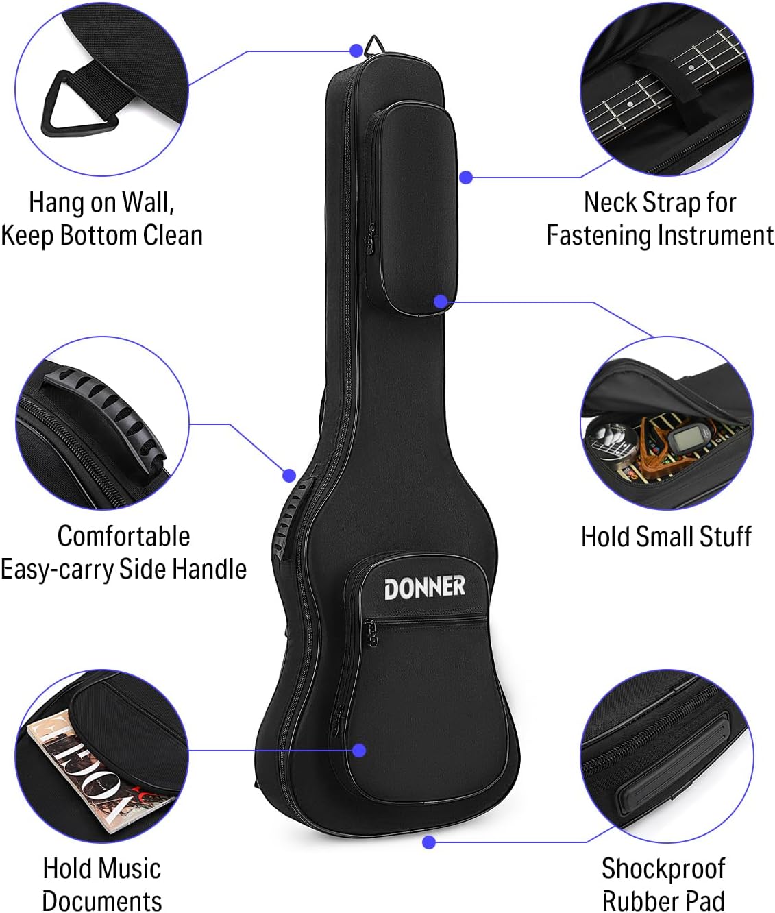 Alternative view of Donner 47 Inch Electric Bass Guitar Case, 0.4 Inch Thick Padding Sponge 600D Ripstop Waterproof Nylon Soft Electric Bass Guitar Gig Bag with 3 Pockets and Back Hanger Loop, Black