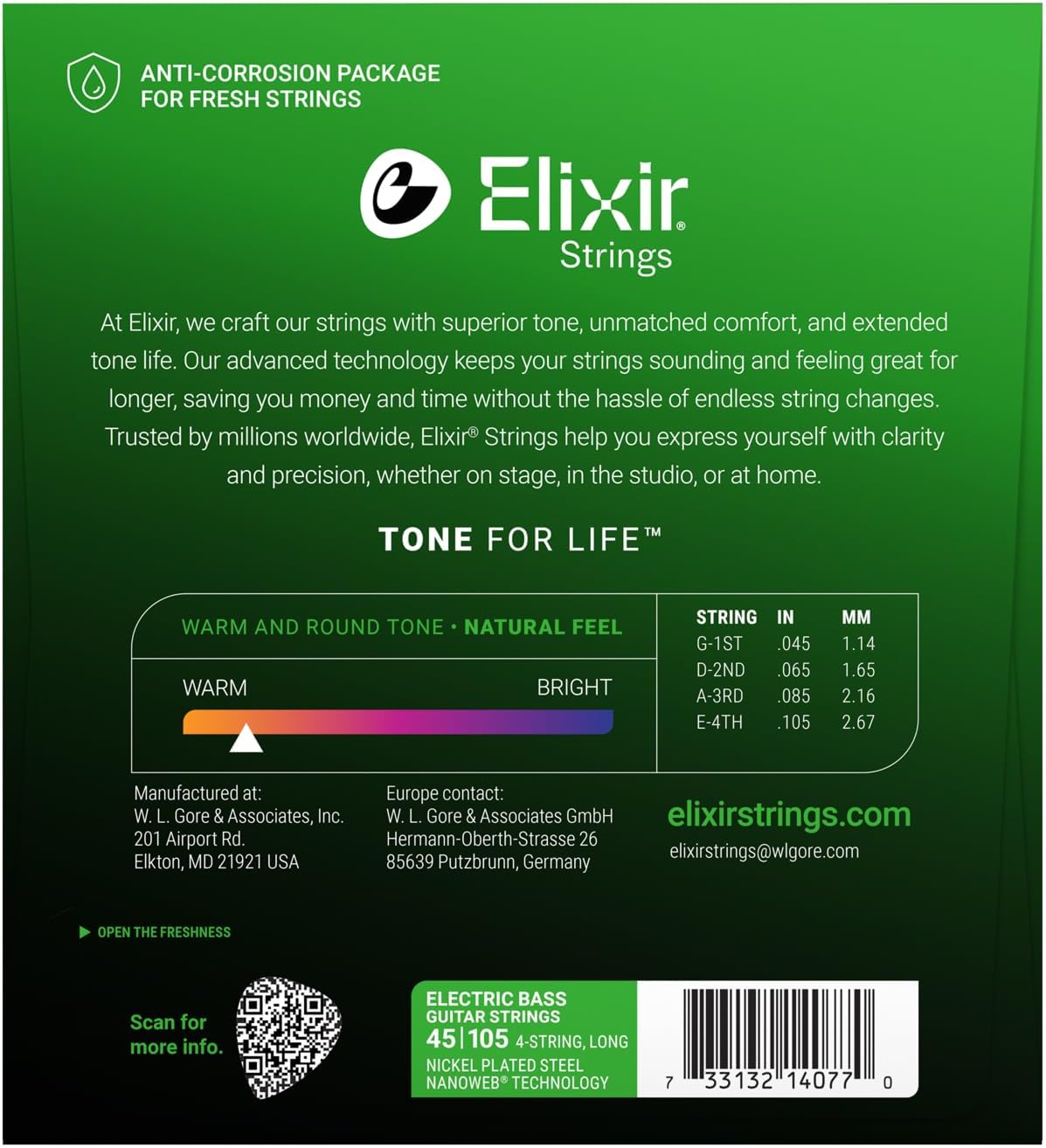 Elixir Strings Nickel Plated Steel 4-String Bass Strings w NANOWEB Coating, Long Scale, Light/Medium (.045-.105)