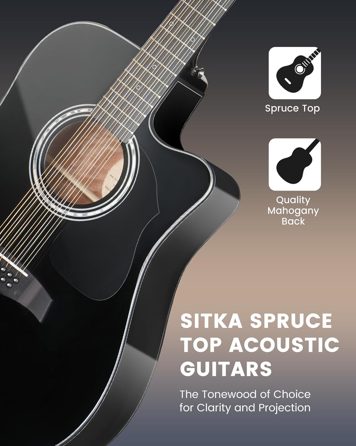 Alternative view of Fesley 12 String Guitar: 42" Full Size Acoustic Electric Guitars for Beginners Adults, Spruce Top Guitarra Acustica, Cutaway Guitar Bundle with Gig Bag, Picks, Strings, Strap, Gloss, Black