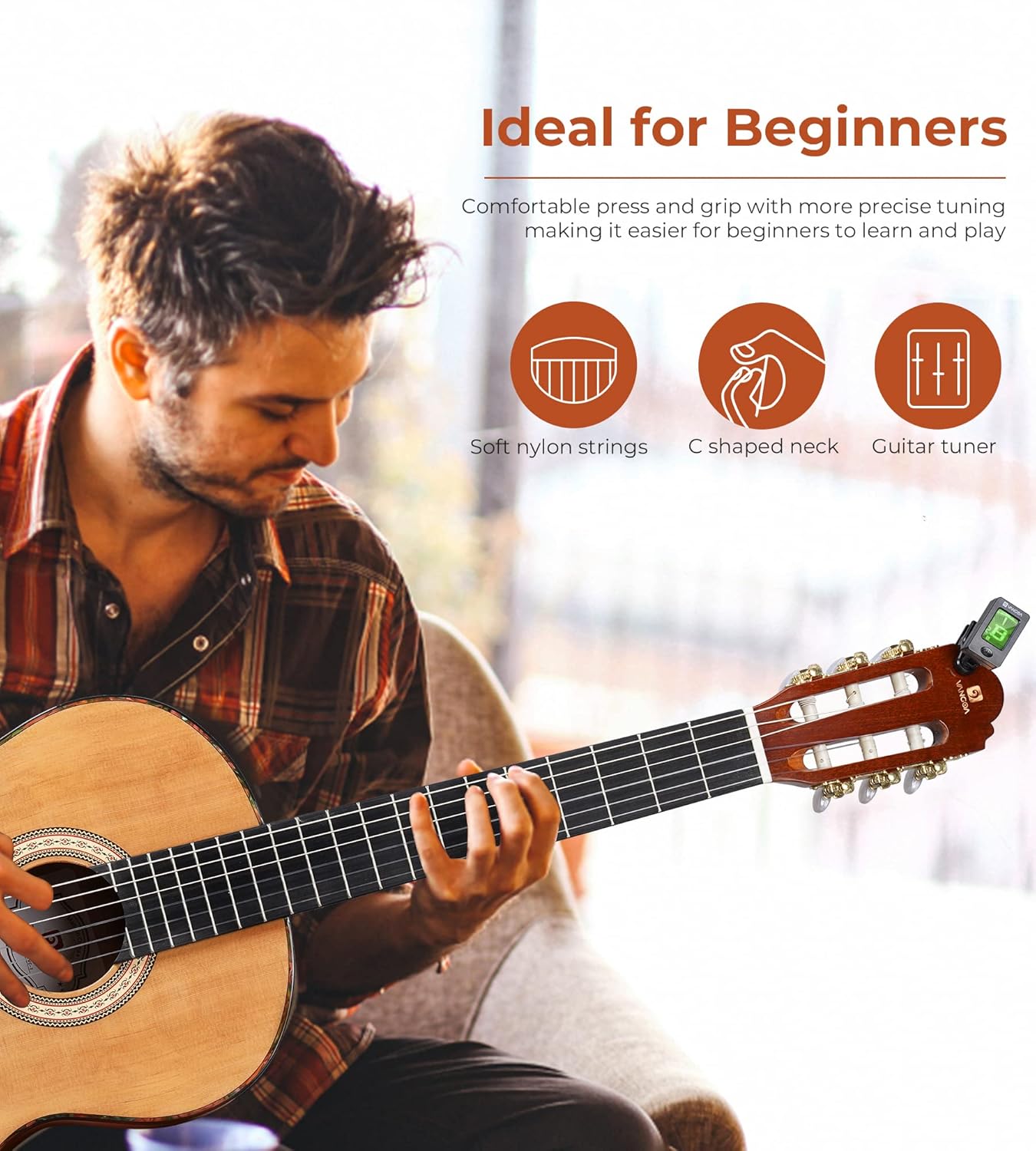 Alternative view of Classical Guitar Full Size 4/4 Spanish Style Classical Guitarra, 39 Inch Nylon Strings Guitar Ideal for Beginner Adults, Cedar Top, by Vangoa