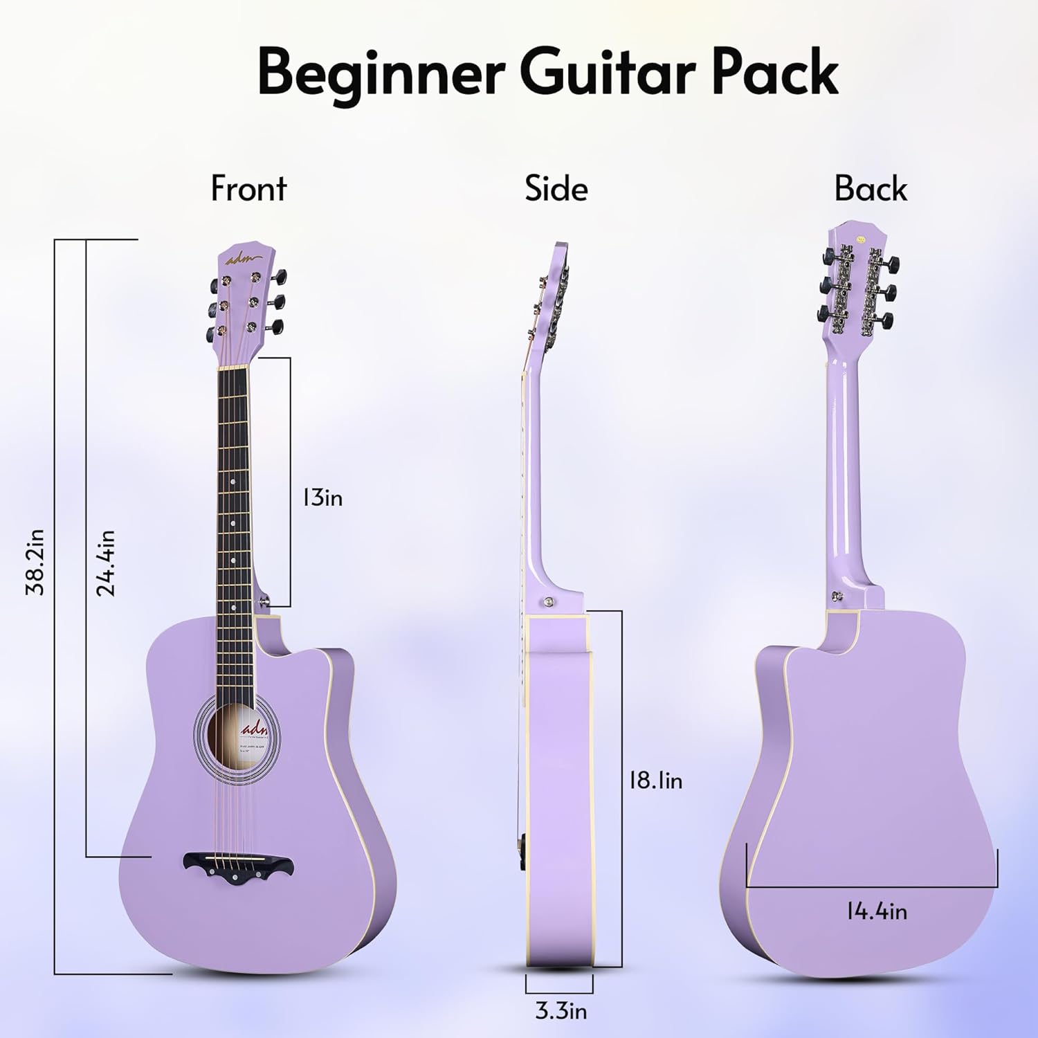 ADM 38" Inch Acoustic Guitar Bundle for Beginners Adults with Online Lesson, Cutaway Wood Acustica Guitarra Starter Set Package with Gig Bag, Strap, Steel Strings, Picks, Capos, Stand, Purple 1