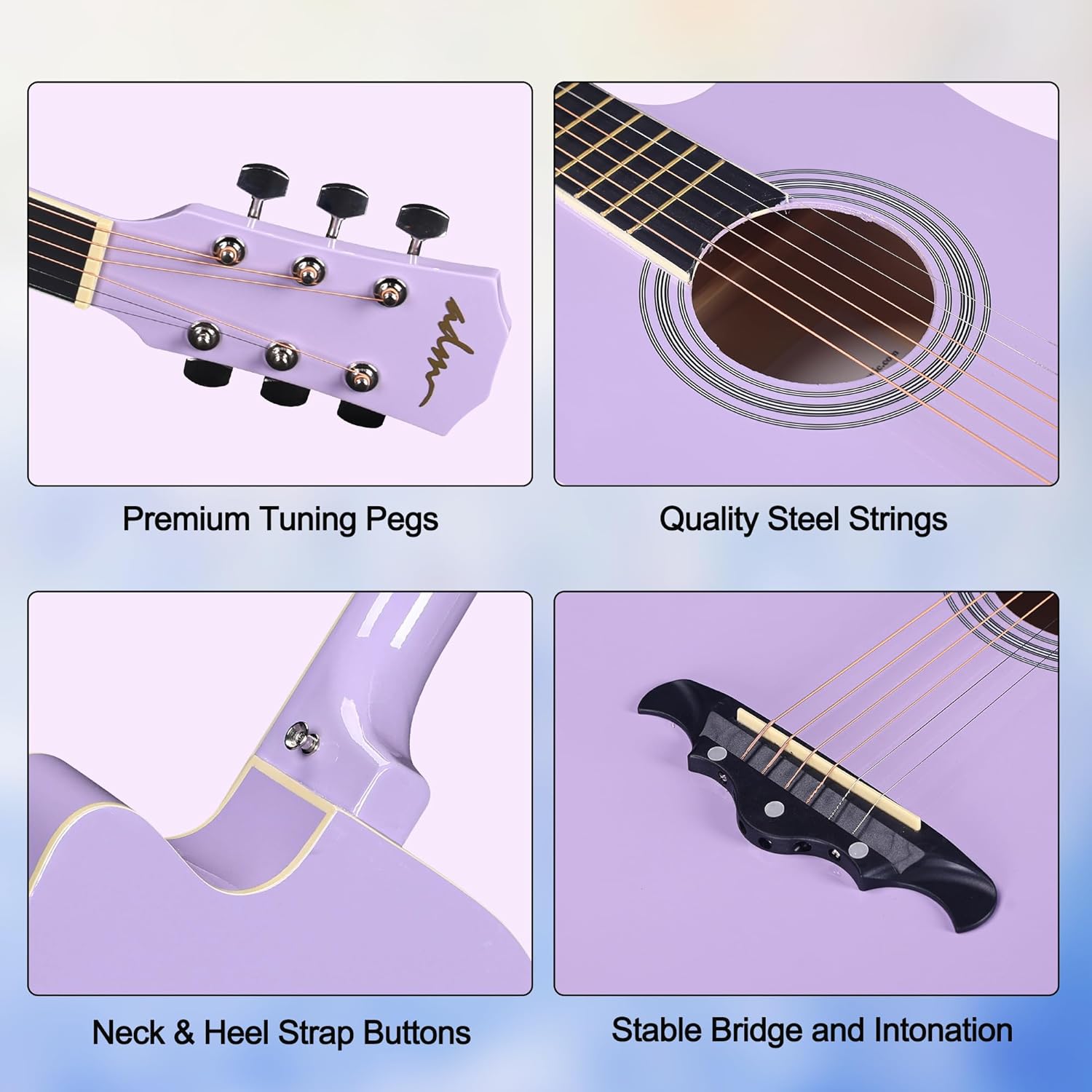 Alternative view of ADM 38" Inch Acoustic Guitar Bundle for Beginners Adults with Online Lesson, Cutaway Wood Acustica Guitarra Starter Set Package with Gig Bag, Strap, Steel Strings, Picks, Capos, Stand, Purple 1