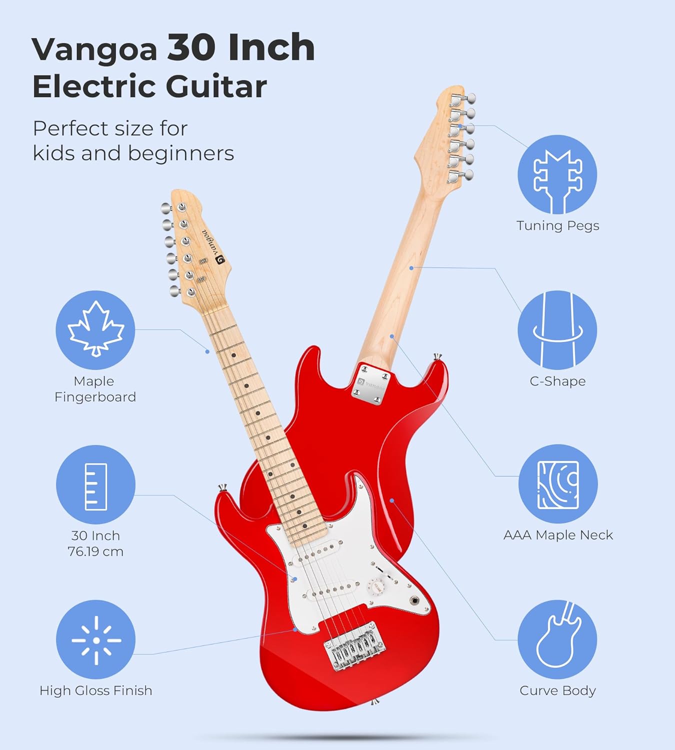Alternative view of Kids Electric Guitar Vangoa 30 Inch Electric Guitar for Beginner Kit for Young Players with Amp, Bag, Strap, Extra Strings, Capo, Tuner, Picks, Cable (Red)