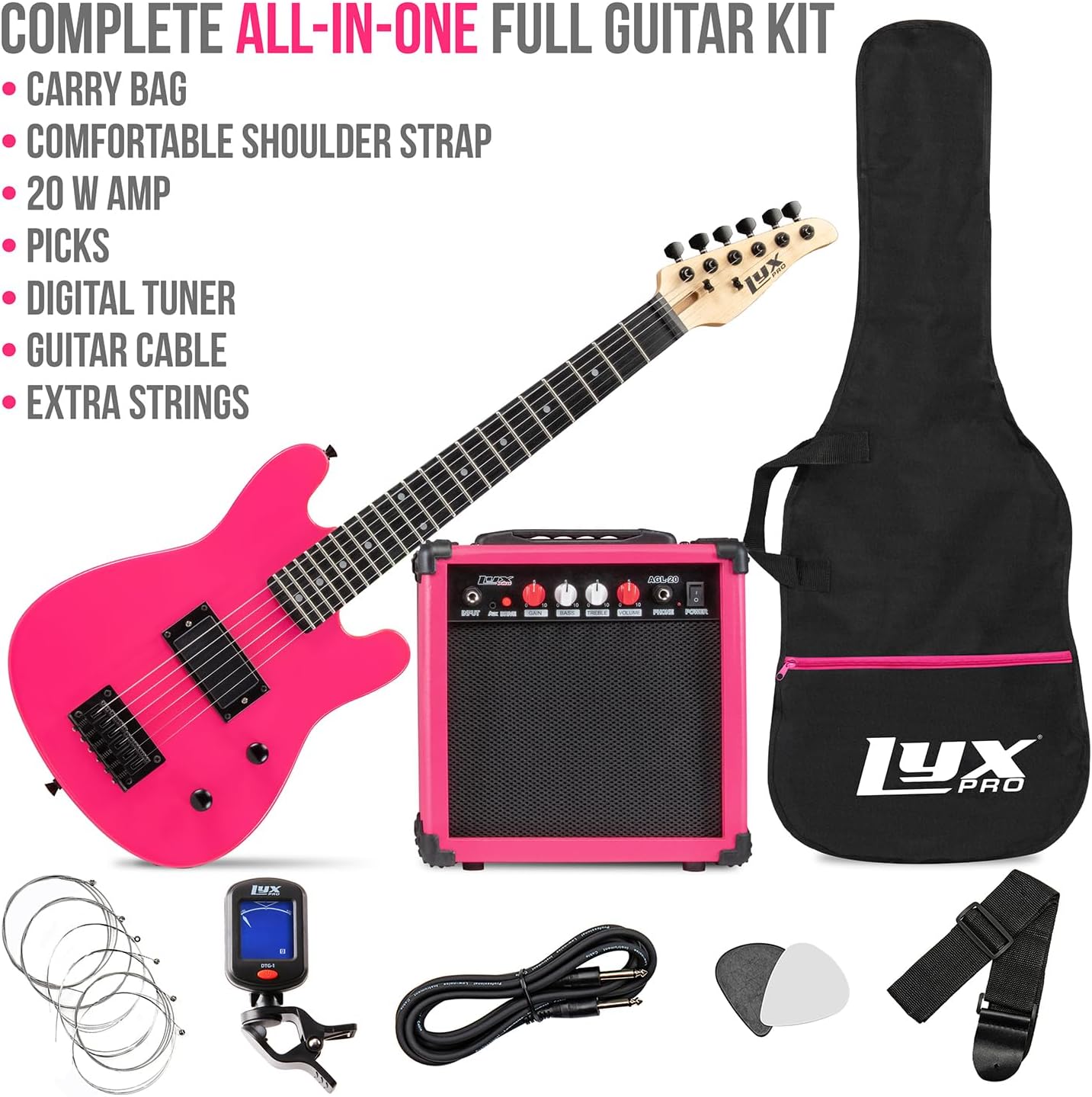 LyxPro 30 Inch Electric Guitar and Starter Kit for Kids with 3/4 Size Beginneru2019s Guitar, Amp, Six Strings, Two Picks, Shoulder Strap, Digital Clip On Tuner, Guitar Cable and Soft Case Gig Bag - Pink
