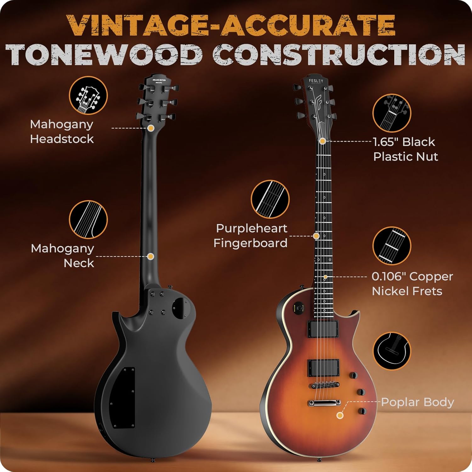 Fesley 39" LP Electric Guitar Kit:Full Size Solid Body Electric Guitars for Beginners with Humbucker Pickups,Poplar Body,Mahogany Neck,22 Frets,6 String Guitar with Gig Bag,Cable,FLP350,Matte,Sunburst