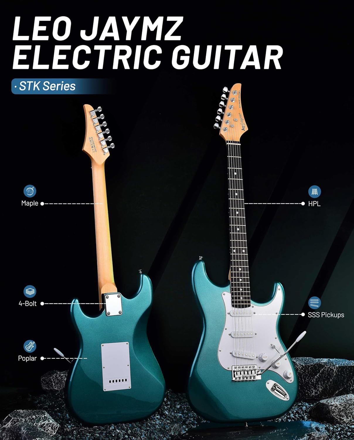 Alternative view of Leo Jaymz Beginner Electric Guitar Complete Kit with Portable Amp, Padded Gig Bag & Full Accessories, Maple Neck SSS Pickups(Teal)