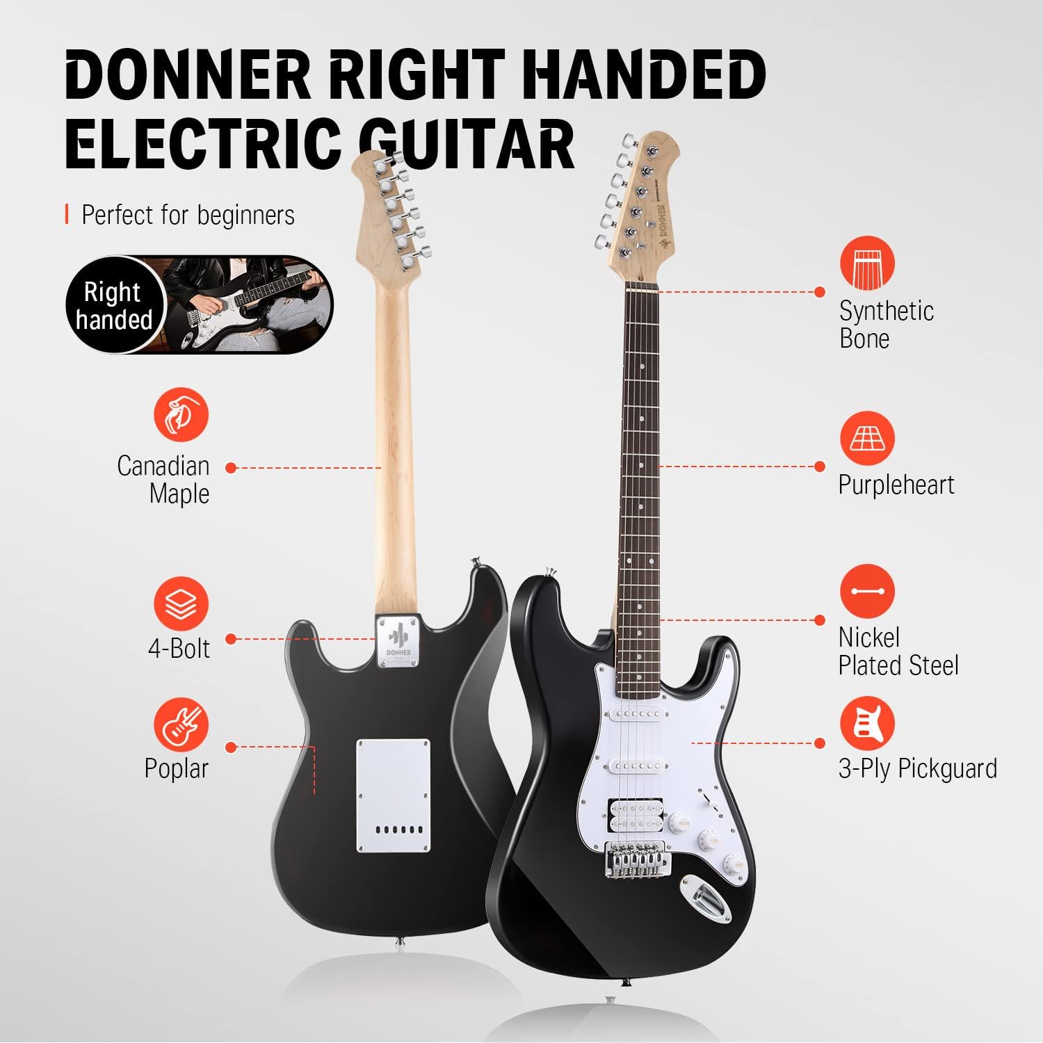 Alternative view of Donner DST-100B 39 Inch Electric Guitar Beginner Kit Solid Body Full Size Black HSS for Starter, with Amplifier, Bag, Digital Tuner, Capo, Strap, String,Cable, Picks